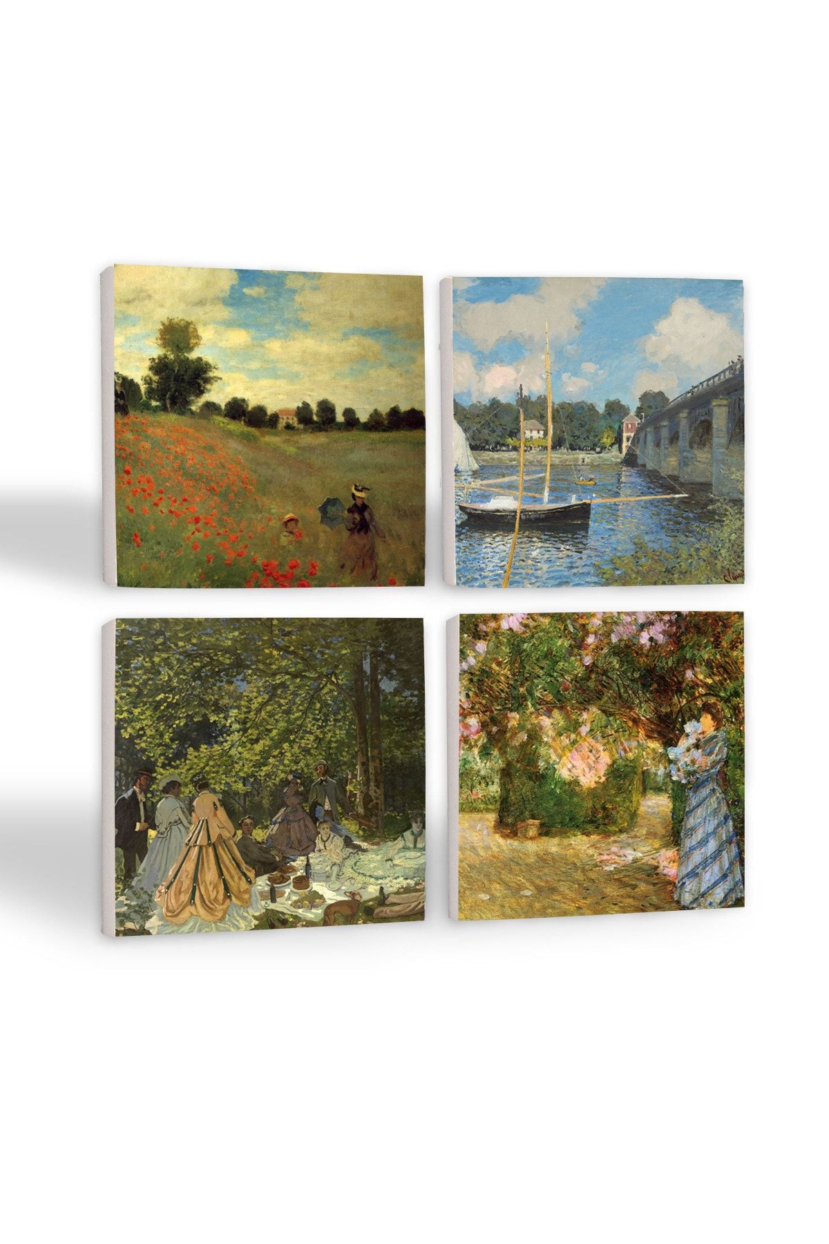 Pinecone Claude Monet Bahçede, Kırda Öğle Yemeği, Argenteuil'de Köprü, Gelincikler Taş Bardak Altlığı 4lü Set