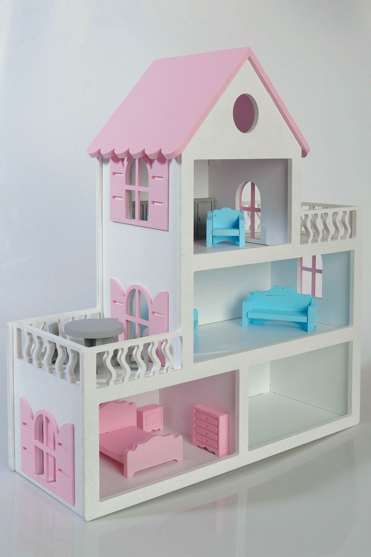 Buradadavar Hobi Ahşap Boyalı Ahşap Barbie Bebek Evi Oyuncak (15 Adet Mobilya Hediyeli)