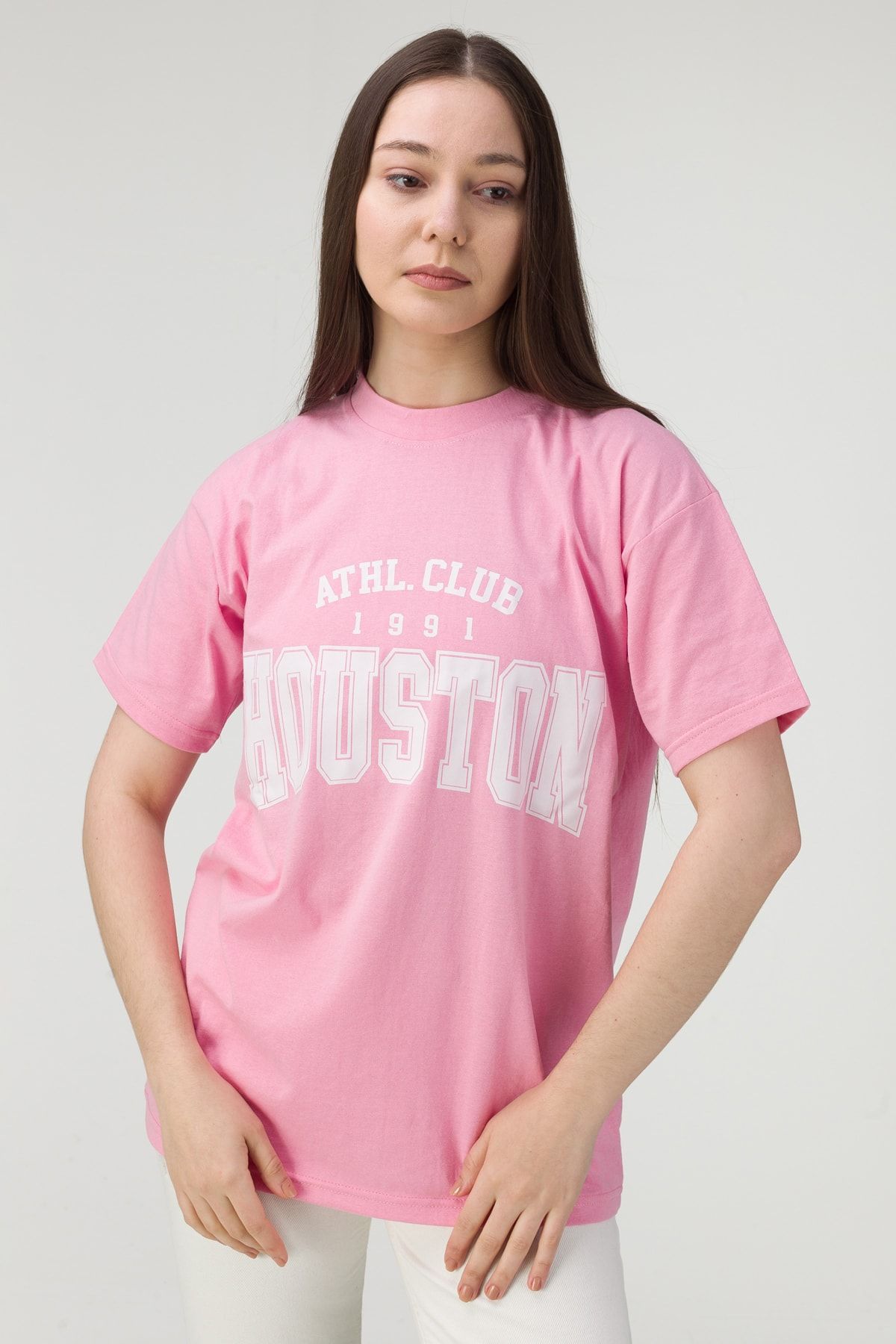 MODAGEN Pembe Oversize Houston Yazı Baskılı Kadın T-shirt