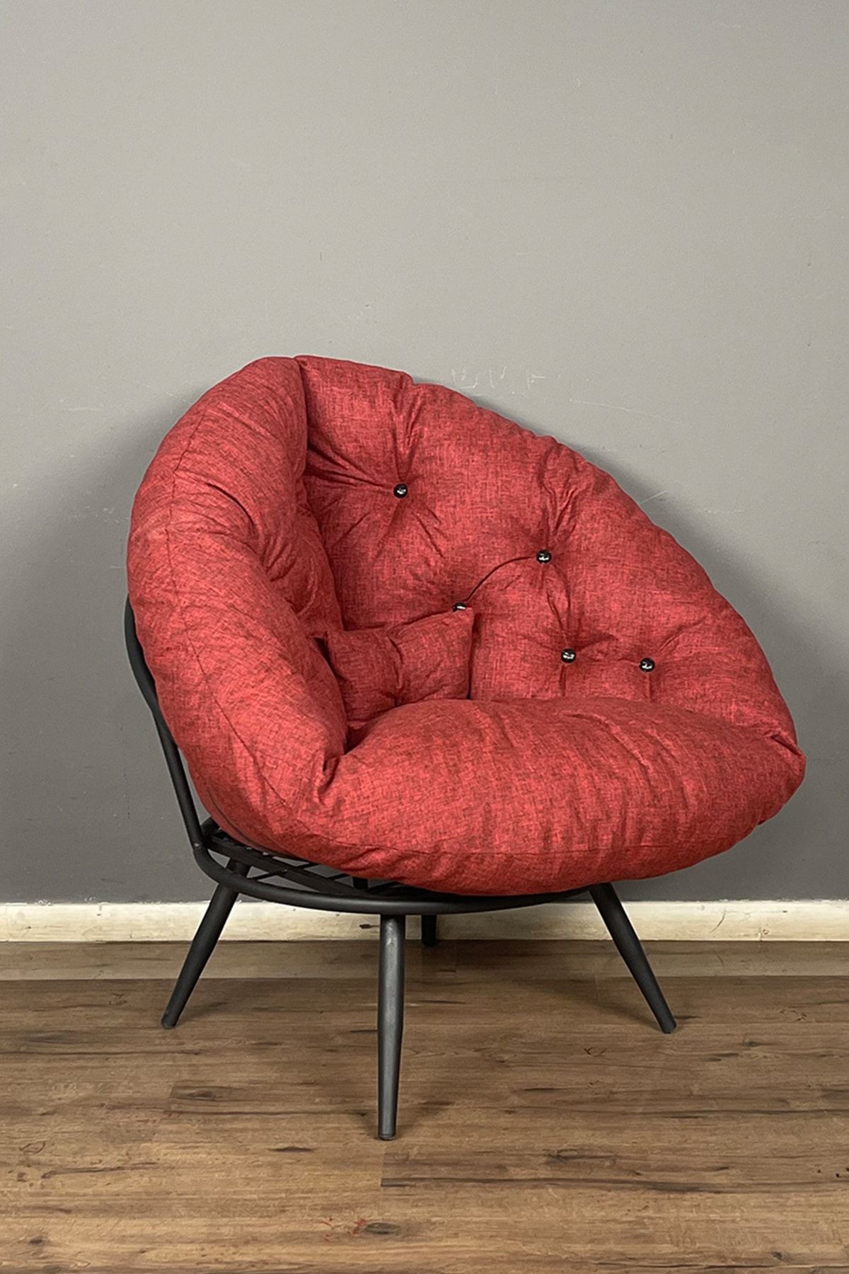 KANEPY Tekli Koltuk Berjer Salon Koltuğu Armut Koltuk Minderli Metal Sandalye -bubb Kırmızı