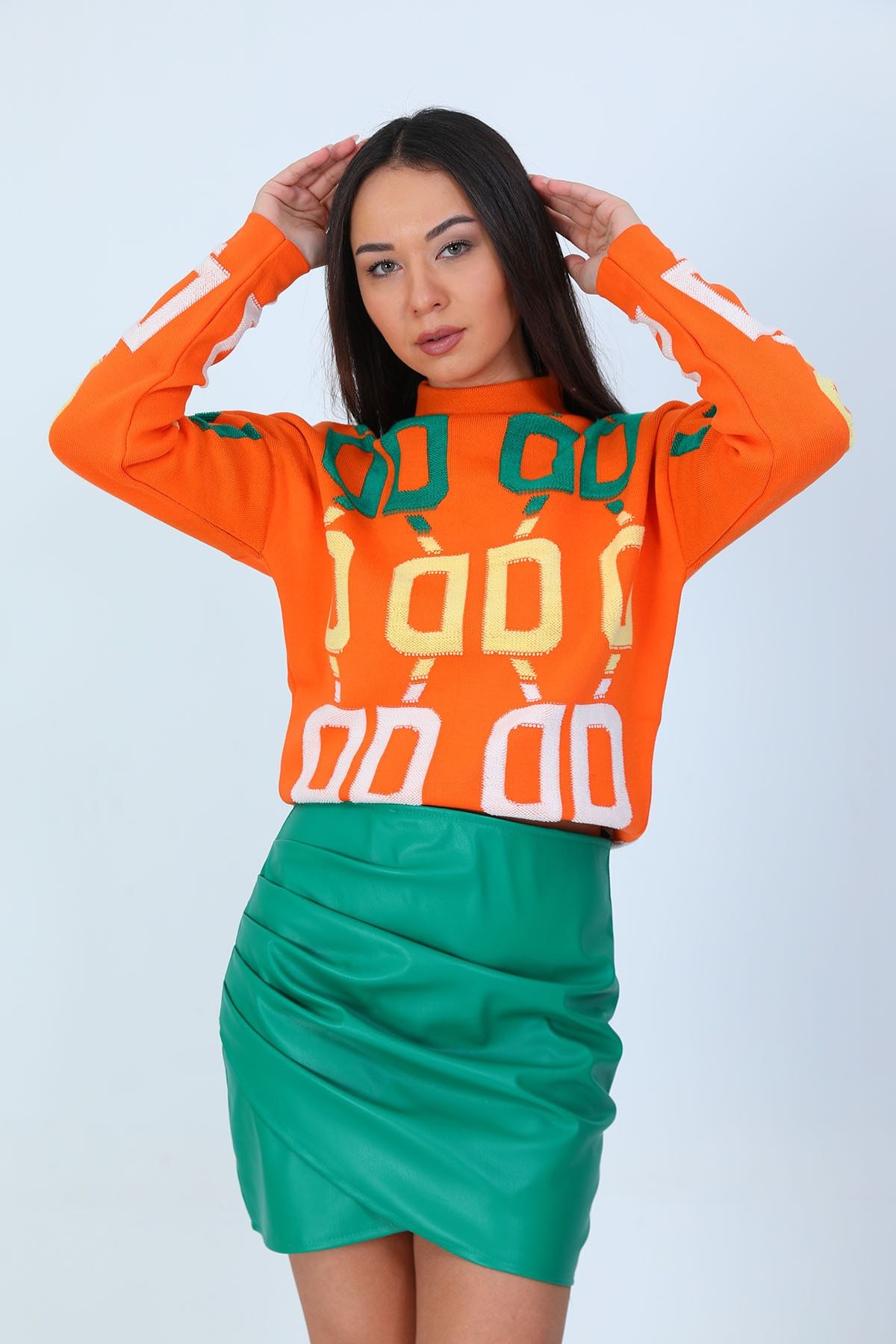 GÜLSELİ Orange Kadın Renkli Harf Baskılı Triko Bluz