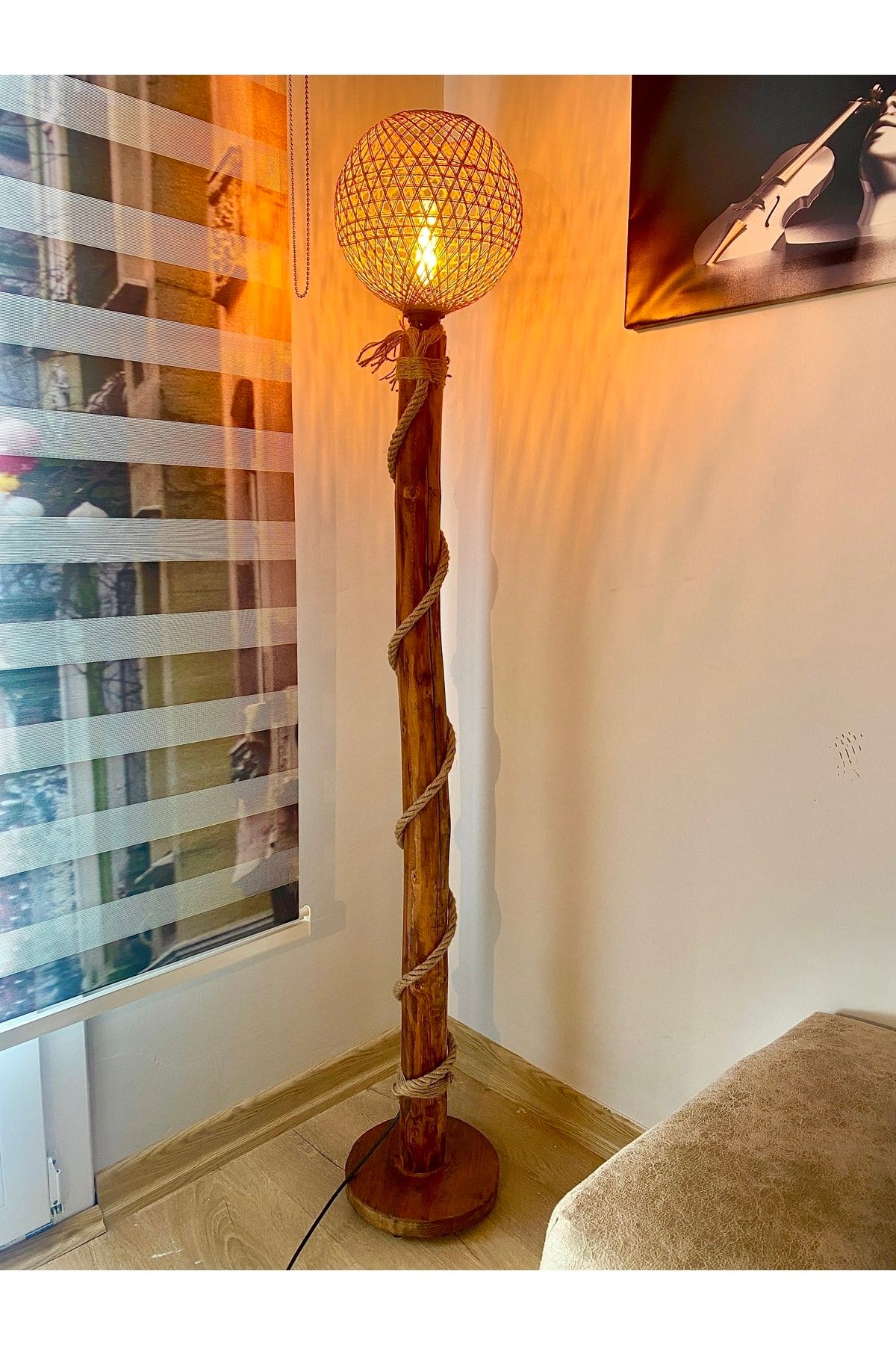 menalART Ağaç Tasarım Ağaç Lambader Otantik 150 Cm Ahşap Lambader Abajur Kütük Köşe Aydınlatma