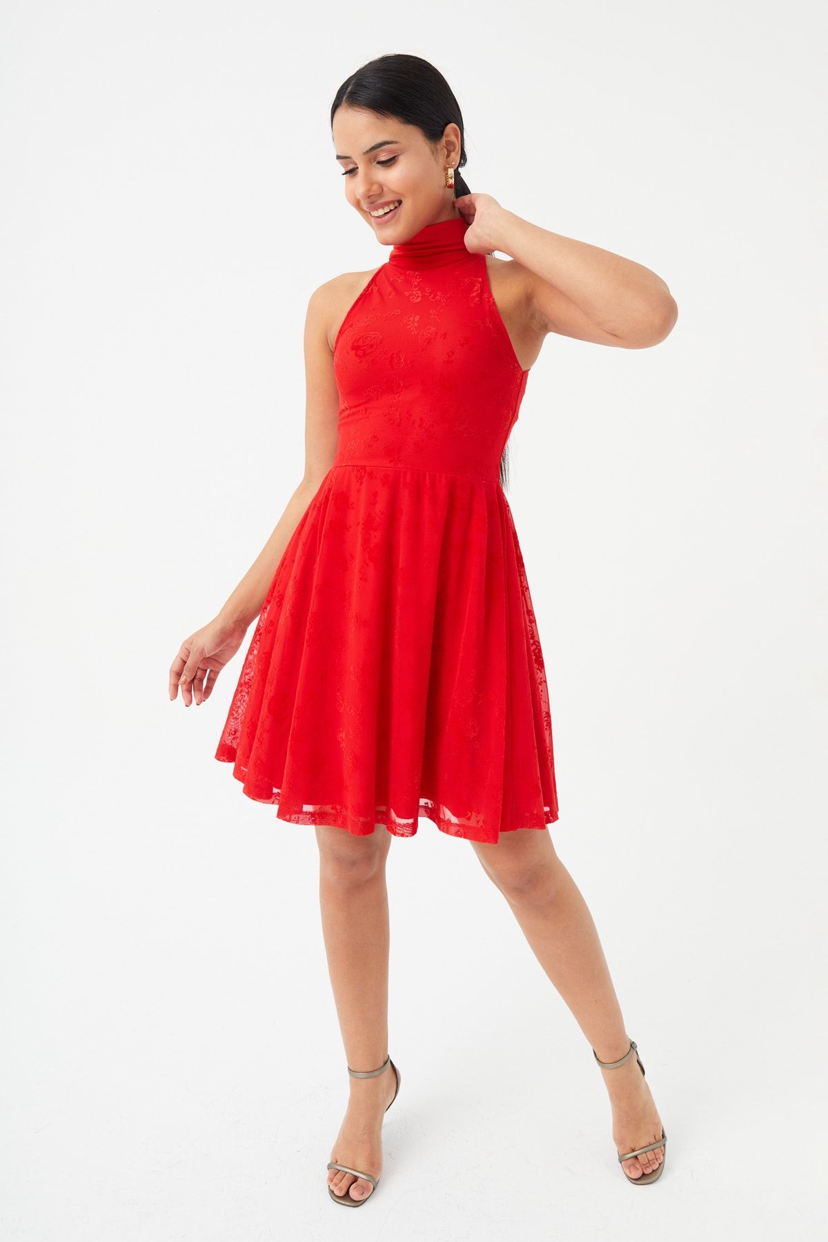 Hanna's Kadın Kırmızı Flok Baskı Çiçekli Kloş Örme Elbise
