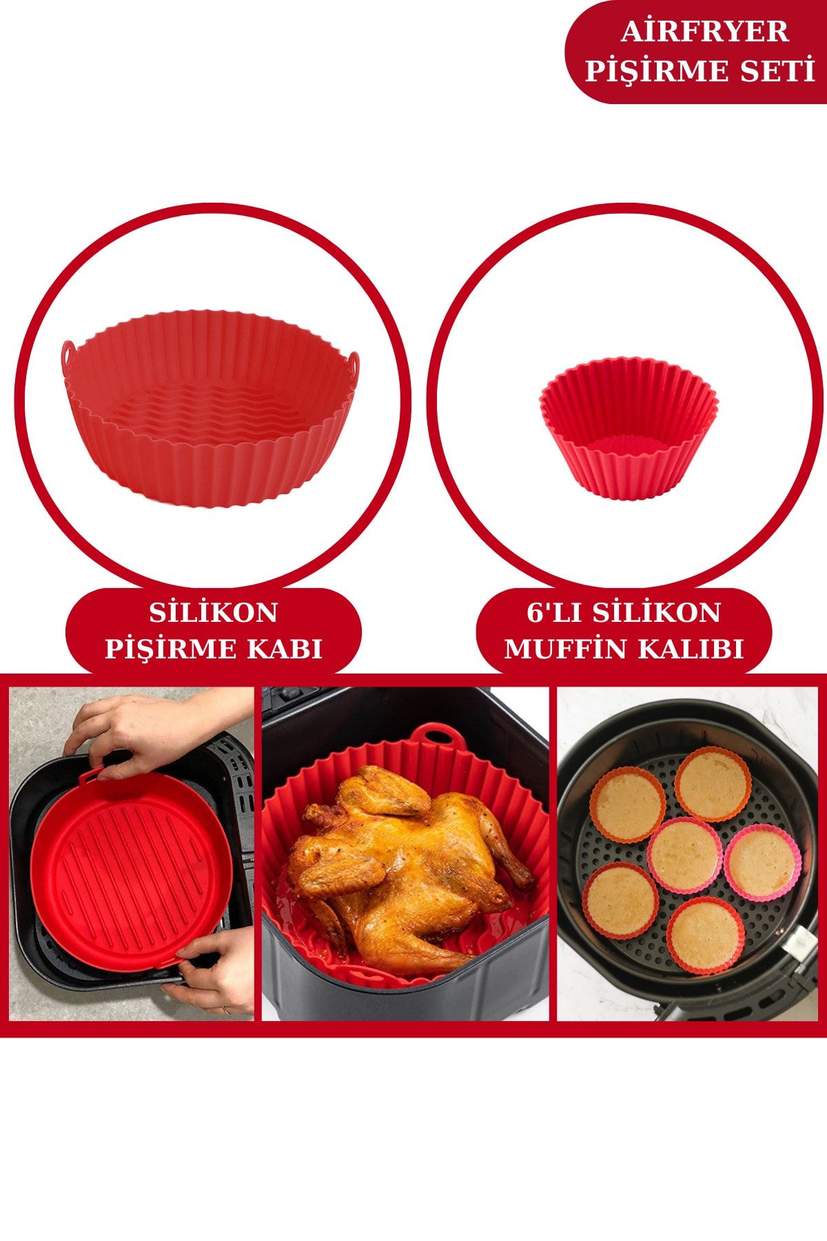 Silicolife Onikiden Airfryer Pişirme Kabı Ve 6’lı Kek Muffin Kalıbı Set- Hava Fritözleriyle Uyumlu