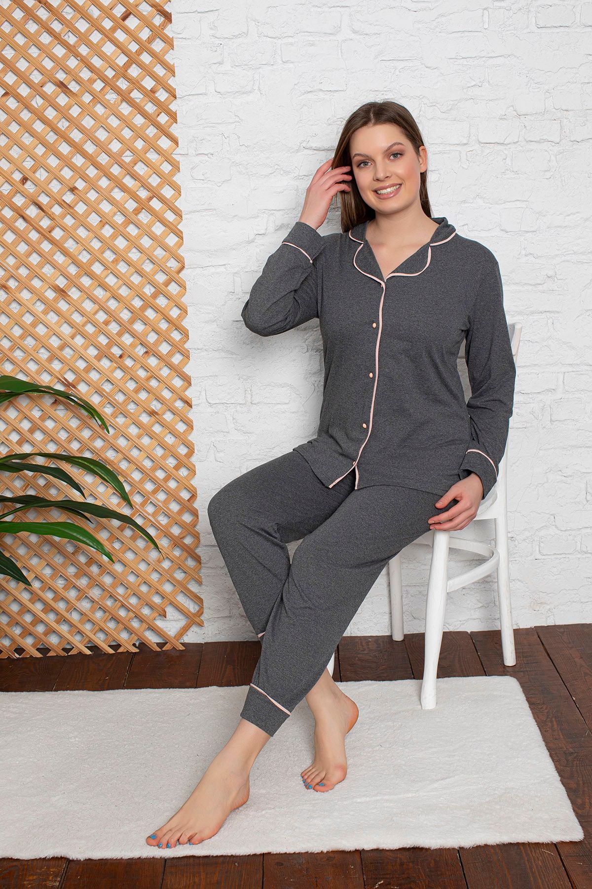 MİRELLA Kadın Füme Önden Düğmeli Uzun Kollu Penye Örme Kumaş Mevsimlik Pijama Takımı