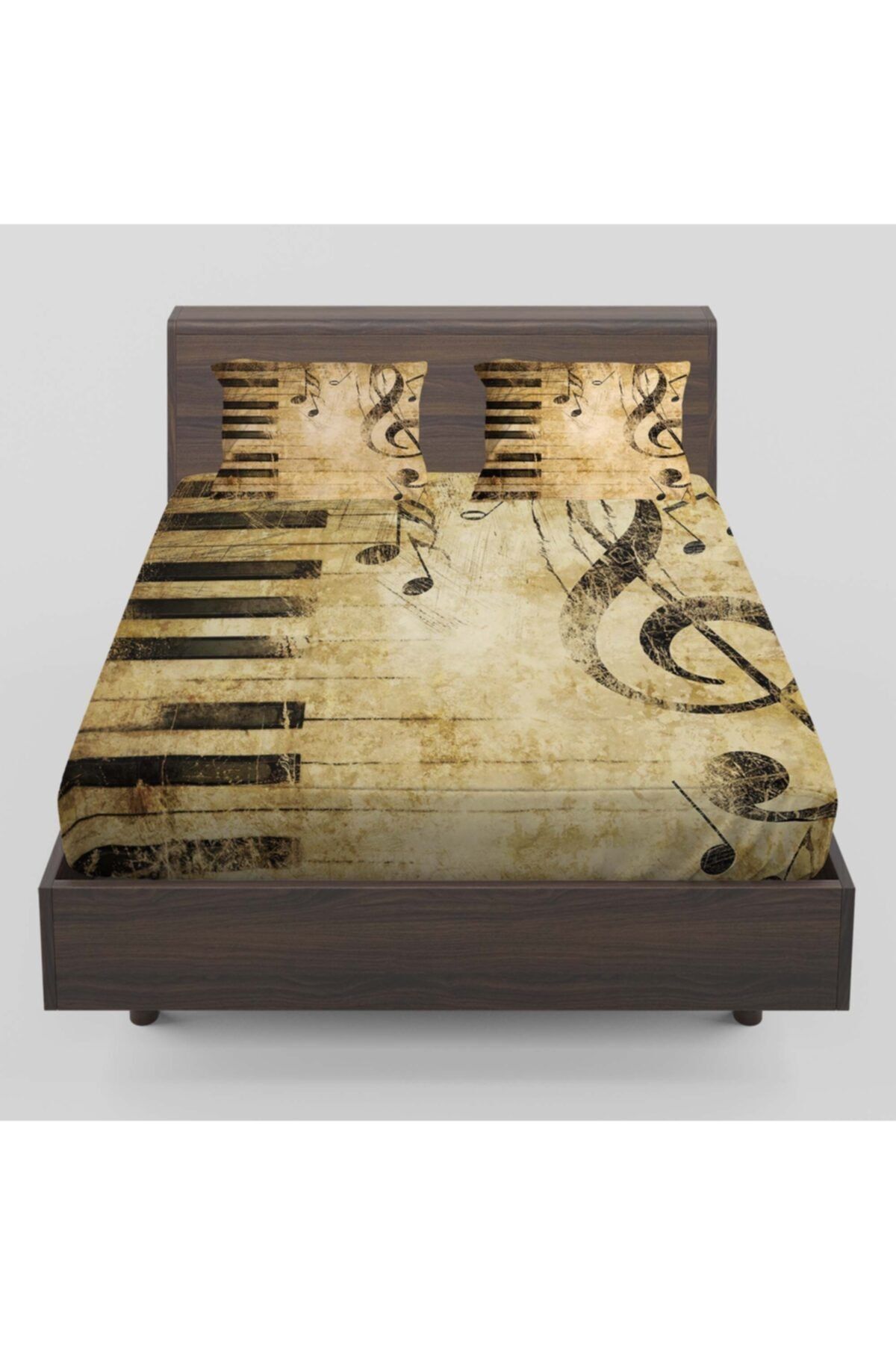 Else Halı Else Sarı Siyah Notalar Piyano Desenli Lastikli Çift Kişilik Lastikli Çarşaf Takımı 160x200cm