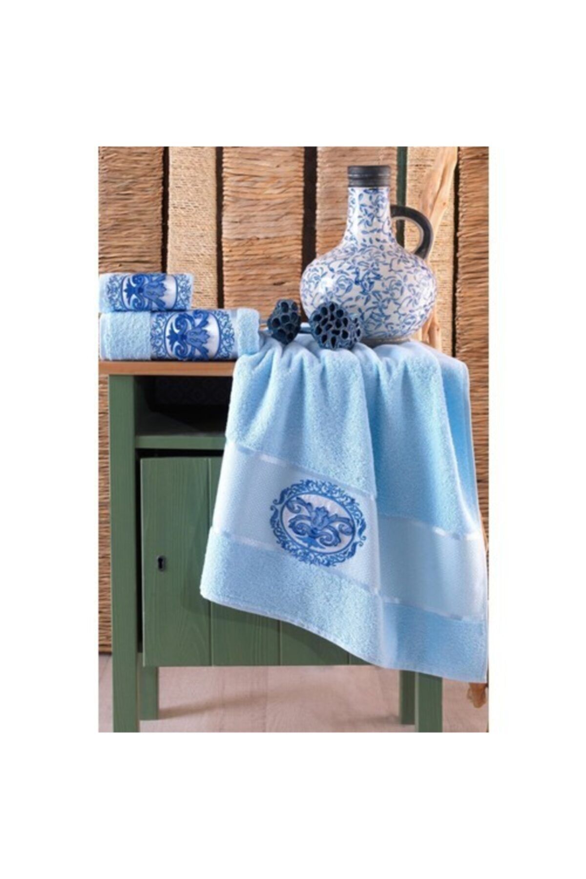 Binnur Home Tafting Nakışlı 3'lü Banyo Havlu Seti | Blue