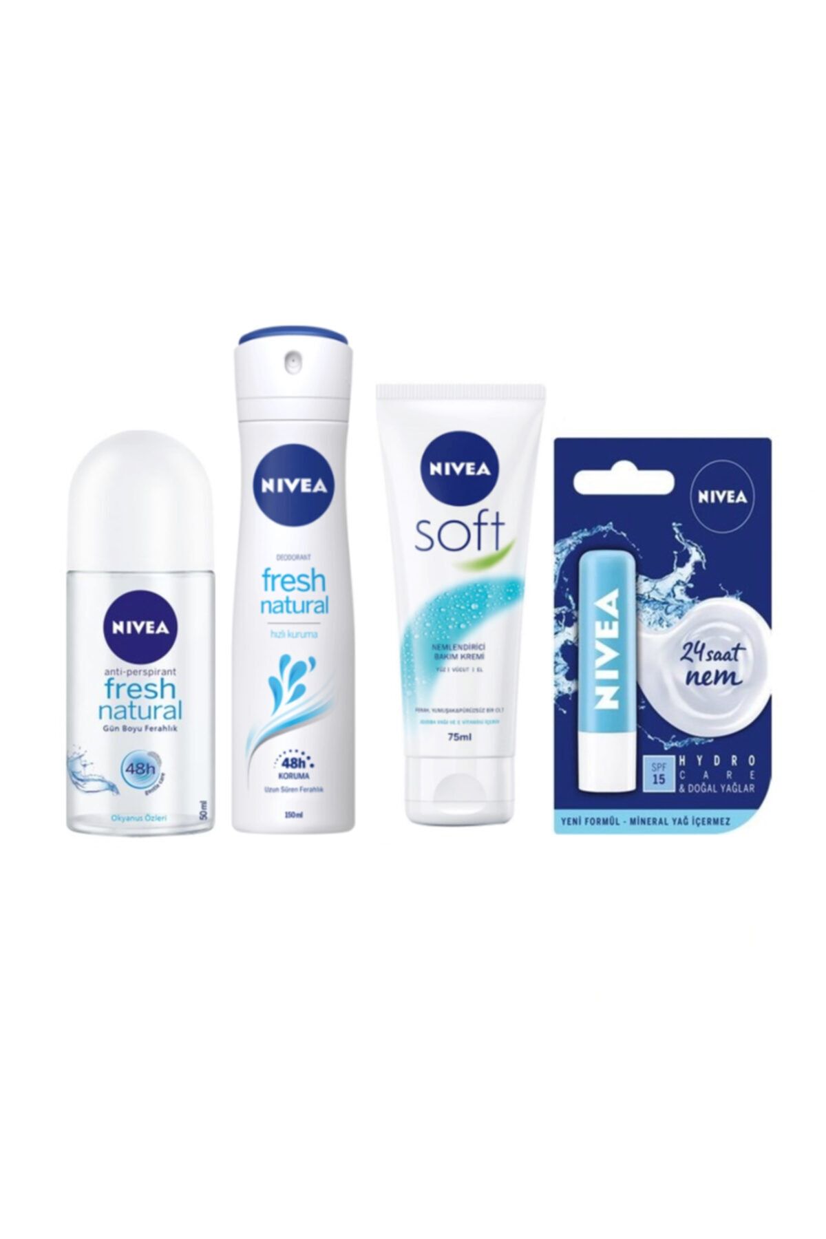 NIVEA Deodorant 150 Ml + Roll-on 50 Ml + El Vücut Yüz Için Krem 75 Ml + 24 Saat Nem Dudak Kremi Spf15