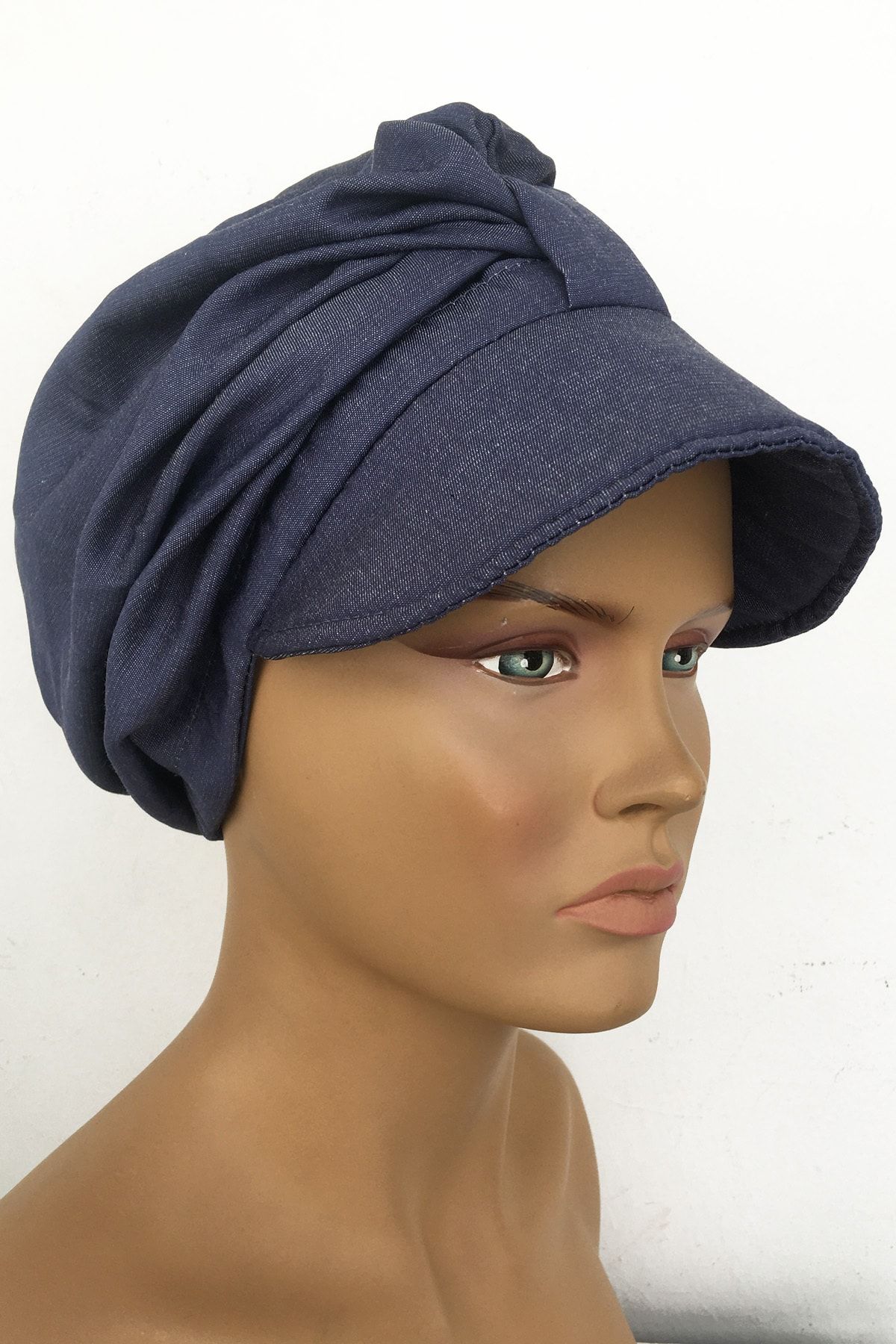 Vera Hazır Türban Bone Kot Görünümlü Kumaş Şapka Mavi Şapkalı Tesettür Kadın Bone