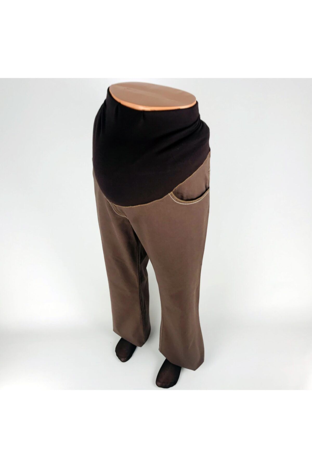 sny Boru Paça Düz Renk Dokuma Pamuk Ribanalı Kahverengi Hamile Pantolon