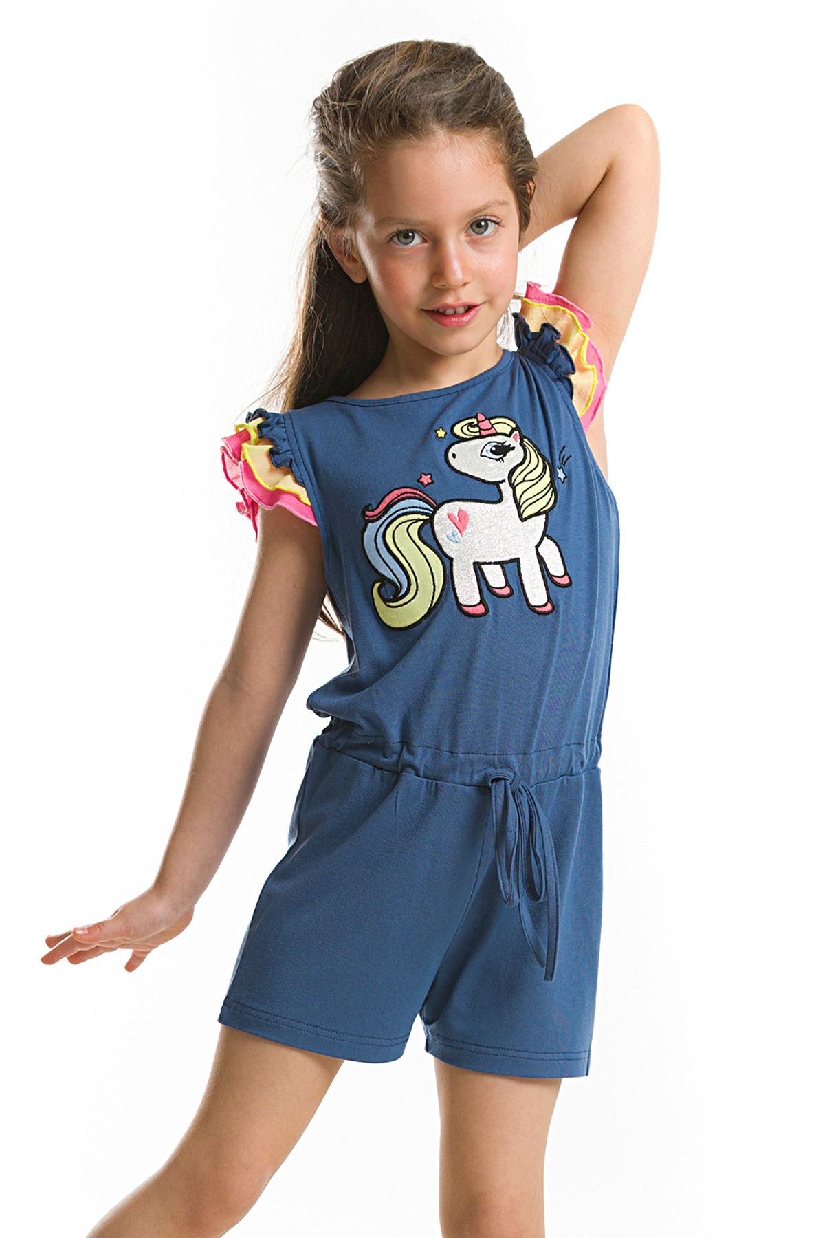 Denokids Mavi Kız Çocuk Unicorn Fırfırlı Tulum CFF-18Y2-011