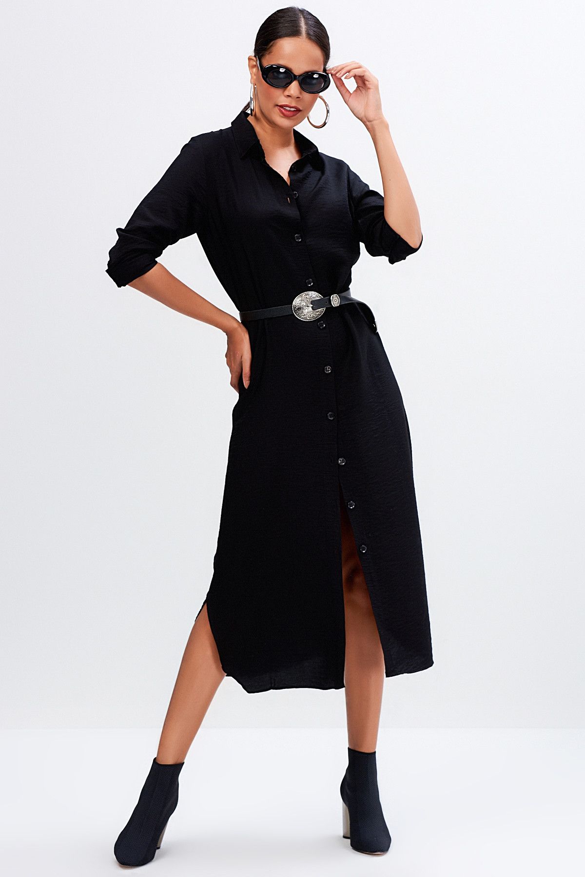Cool & Sexy Kadın Siyah Gömlek Elbise K924