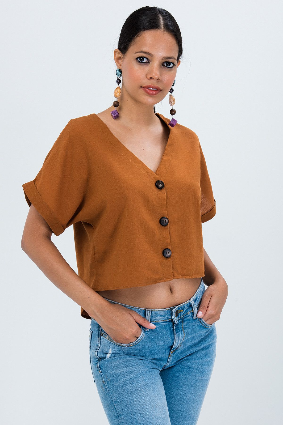 Cool & Sexy Kadın Badem Düğmeli Crop Top Bluz Sf08