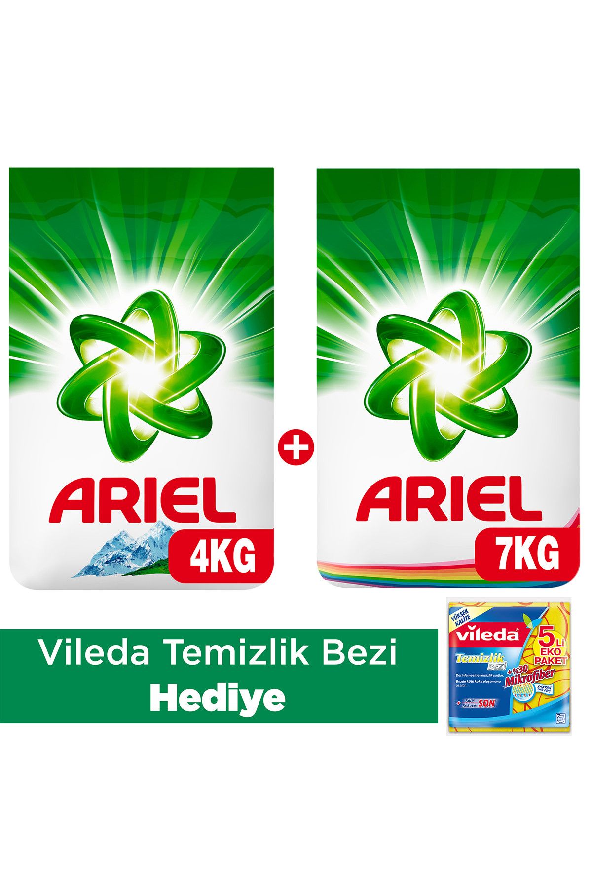 Ariel Toz Çamaşır Deterjanı Parlak Renkler 7 kg + Dağ Esintisi 4 kg (Vileda Temizlik Bezi HEDİYE!)