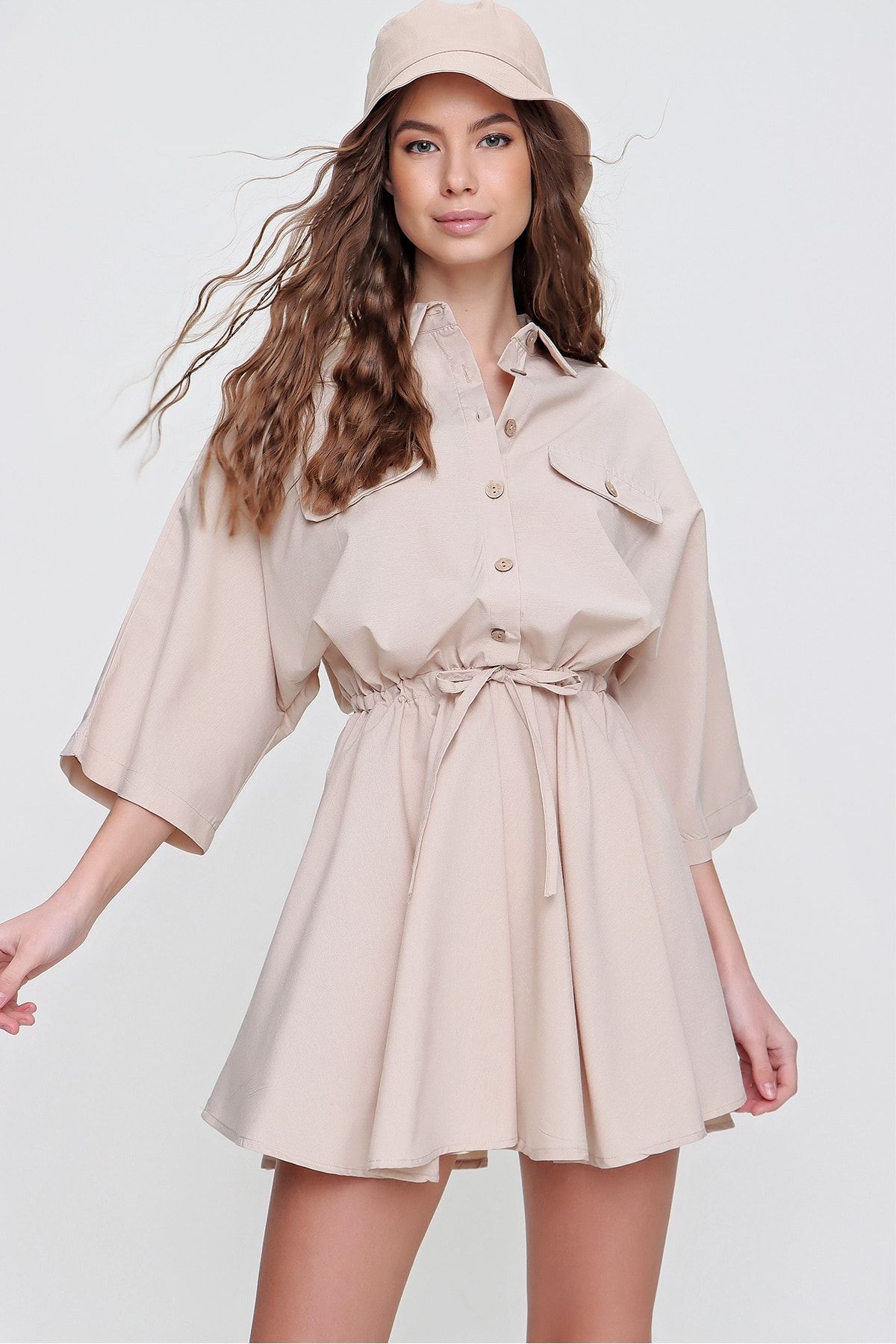 Trend Alaçatı Stili Kadın Bej Safari Dokuma Gömlek Elbise ALC-X6196
