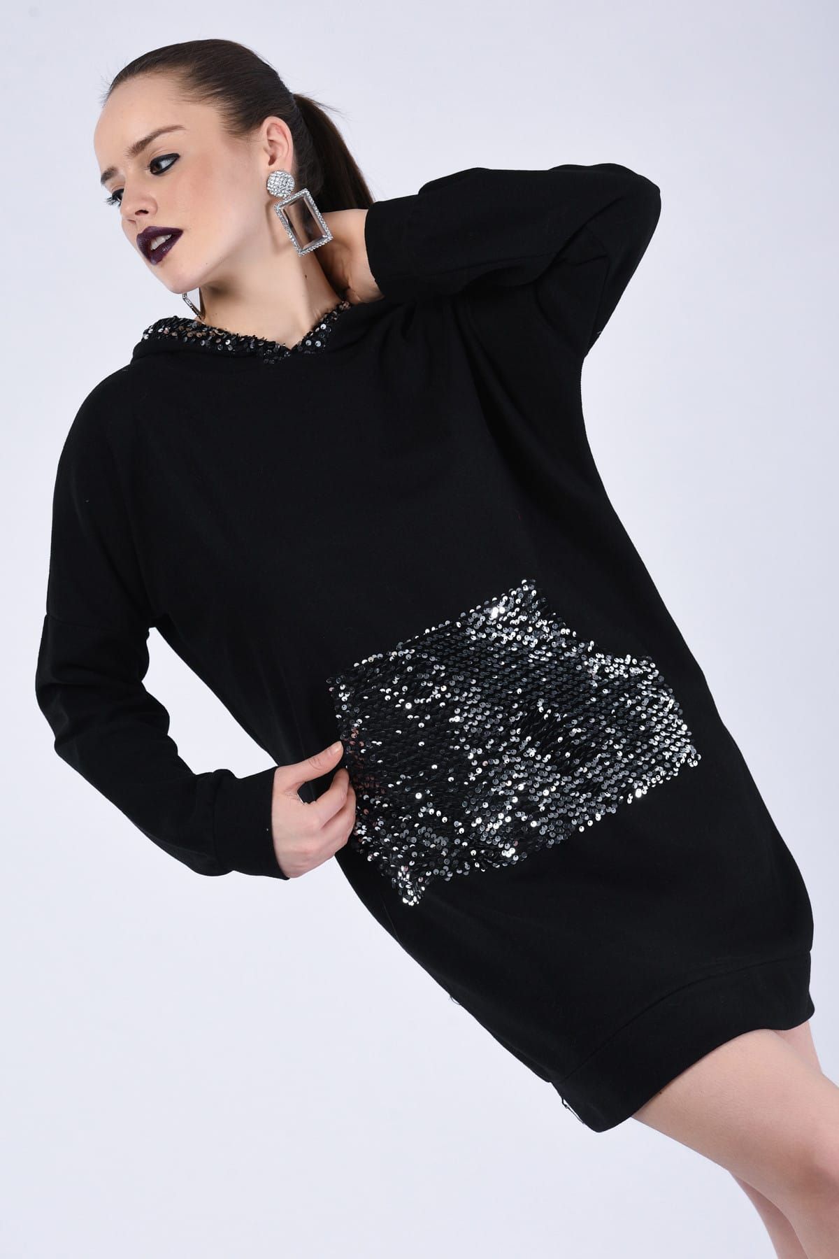 Cool & Sexy Kadın Siyah Payetli Sweatshirt Elbise SB16
