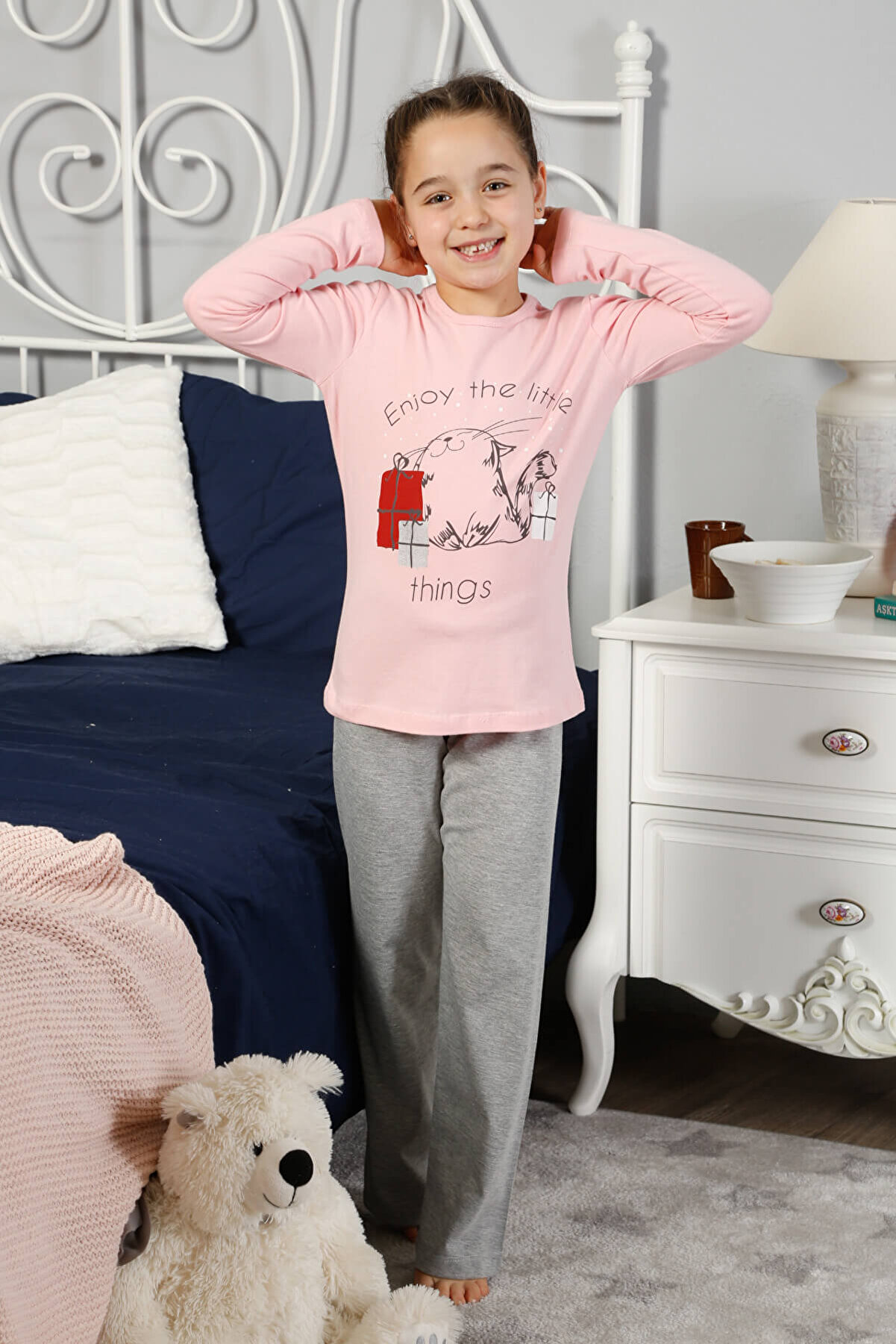 ELİTOL Kız Çocuk Pembe Pamuklu Likralı Pijama Takımı