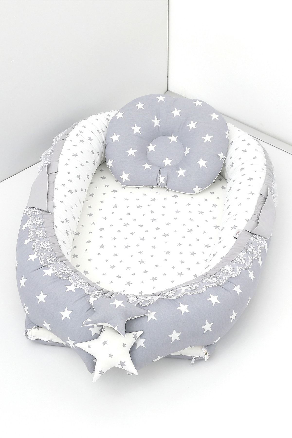 Umaybebek Babynest, Bebek Uyku Yatağı 0-2 Yaş - Pamuk Kumaş - Açık Gri Yıldız