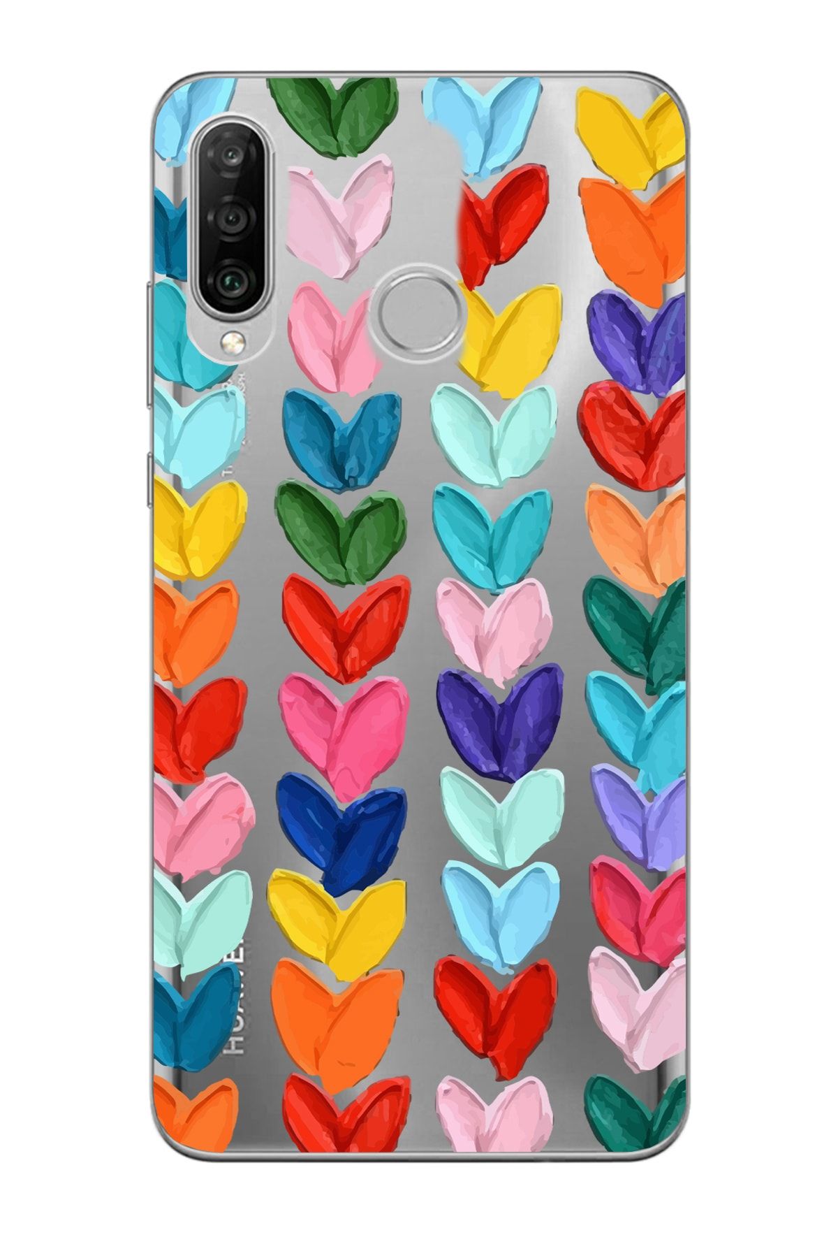 Merwish Huawei P30 Lite Uyumlu Şeffaf Kapak Renkli Kalpler Desenli Kılıf