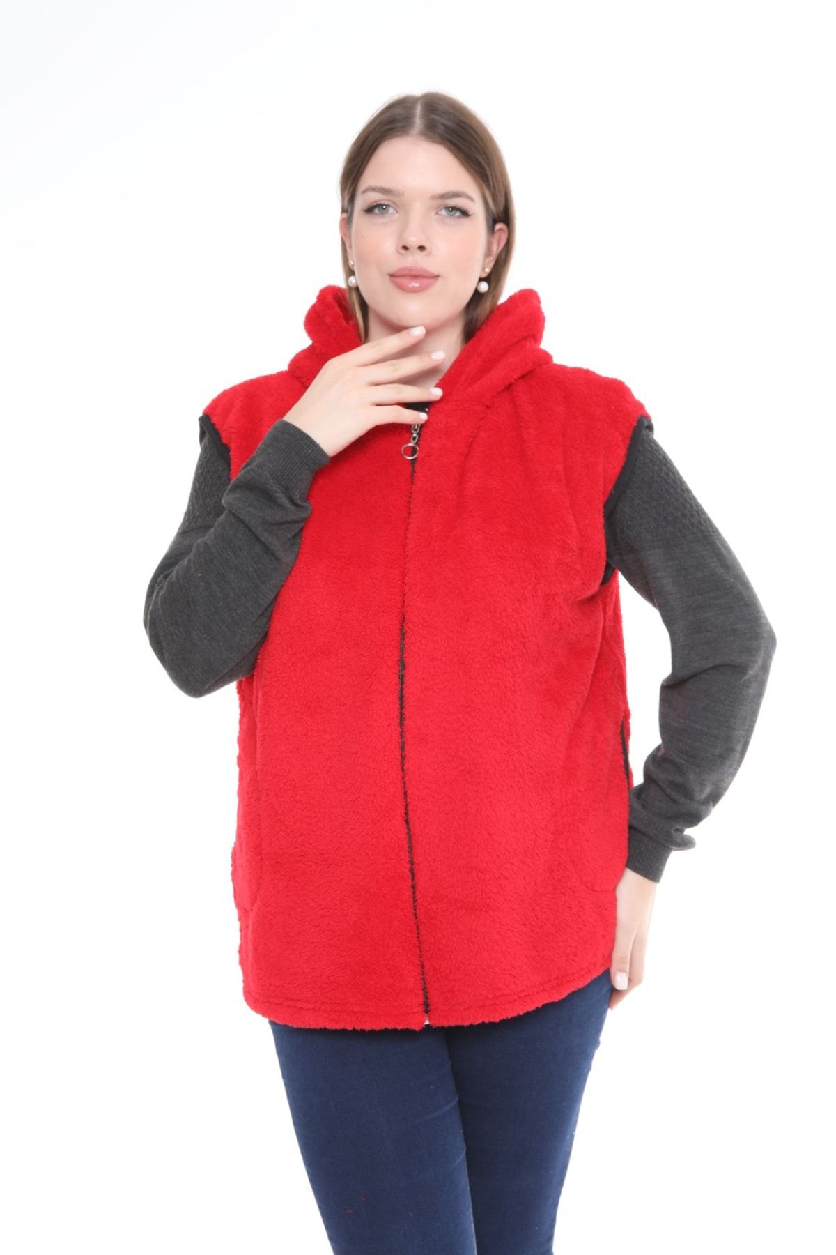 xlargebutik Büyük Beden Kadın Giyik Kırmızı Peluş Polar Yelek Yn