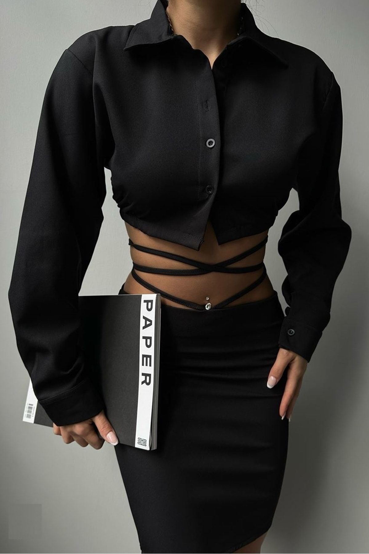lovebox Kadın Siyah Gömlek Bel Bağlamalı Siyah Etek Ikili Takım 5367