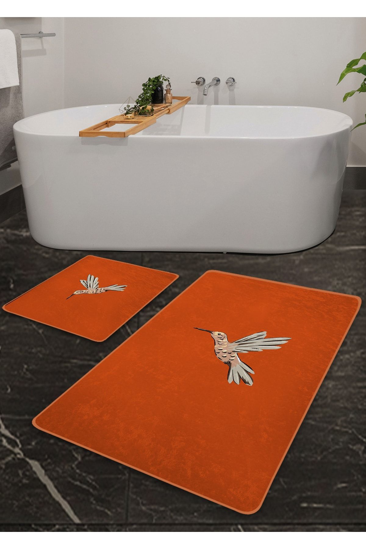 Pilloveland Kaymaz Taban Yıkanabilir 2’li Banyo Paspası - Hibiskus Kuş Desenli 60*100 Cm - 50*60 Cm