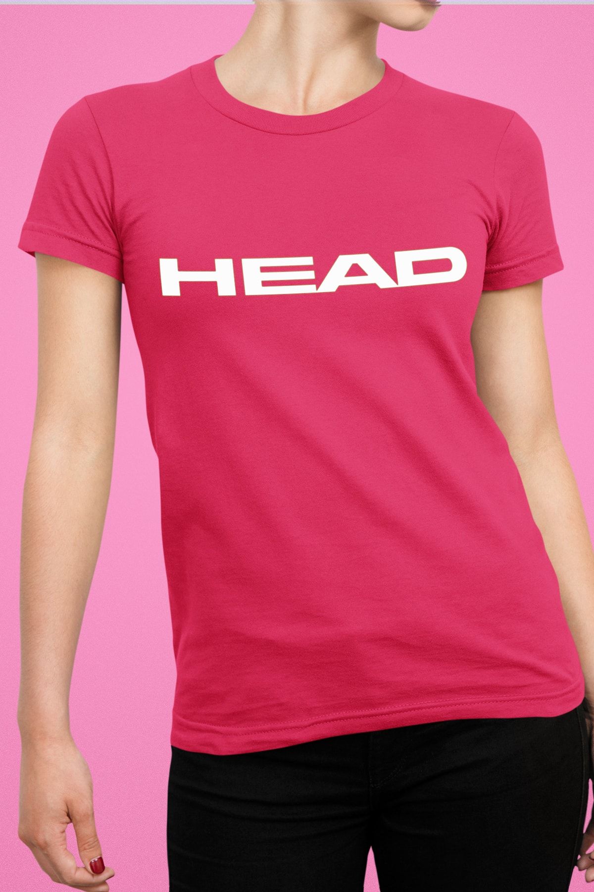 Head Kadın Pembe Logo Baskı Basic Bisiklet Yaka Fit Kesim Spor T-shirt Pamuklu Tenis Tişörtü