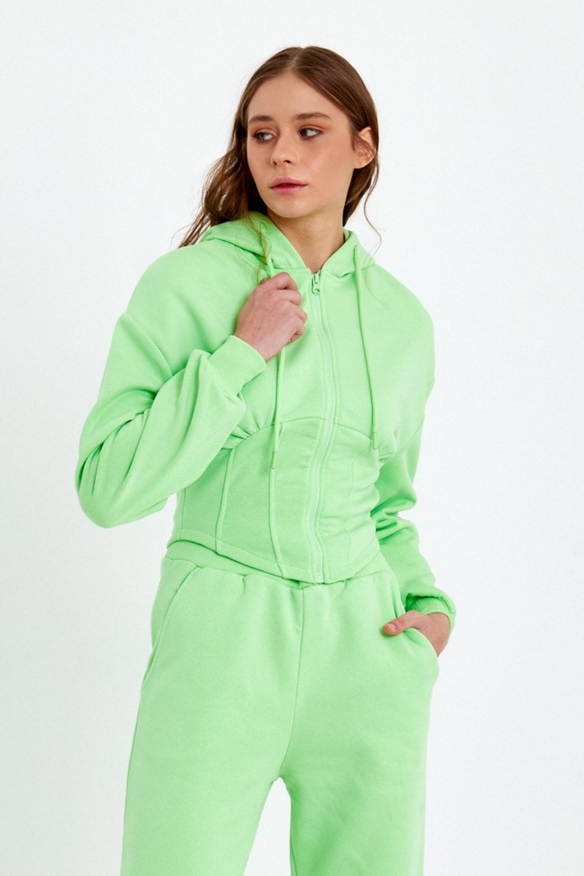 QUHOX Kadın Korse Detaylı Fermuarlı Sweatshirt Yeşil