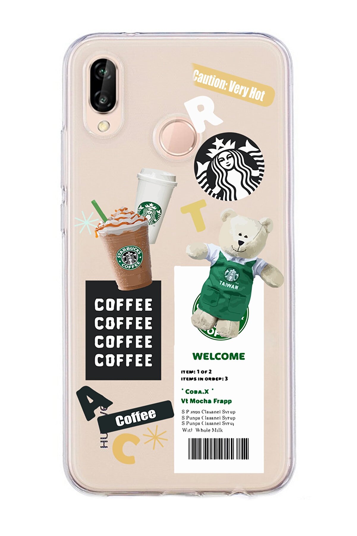 Merwish Huawei P20 Lite Uyumlu Şeffaf Kapak Starbucks Desenli Kılıf