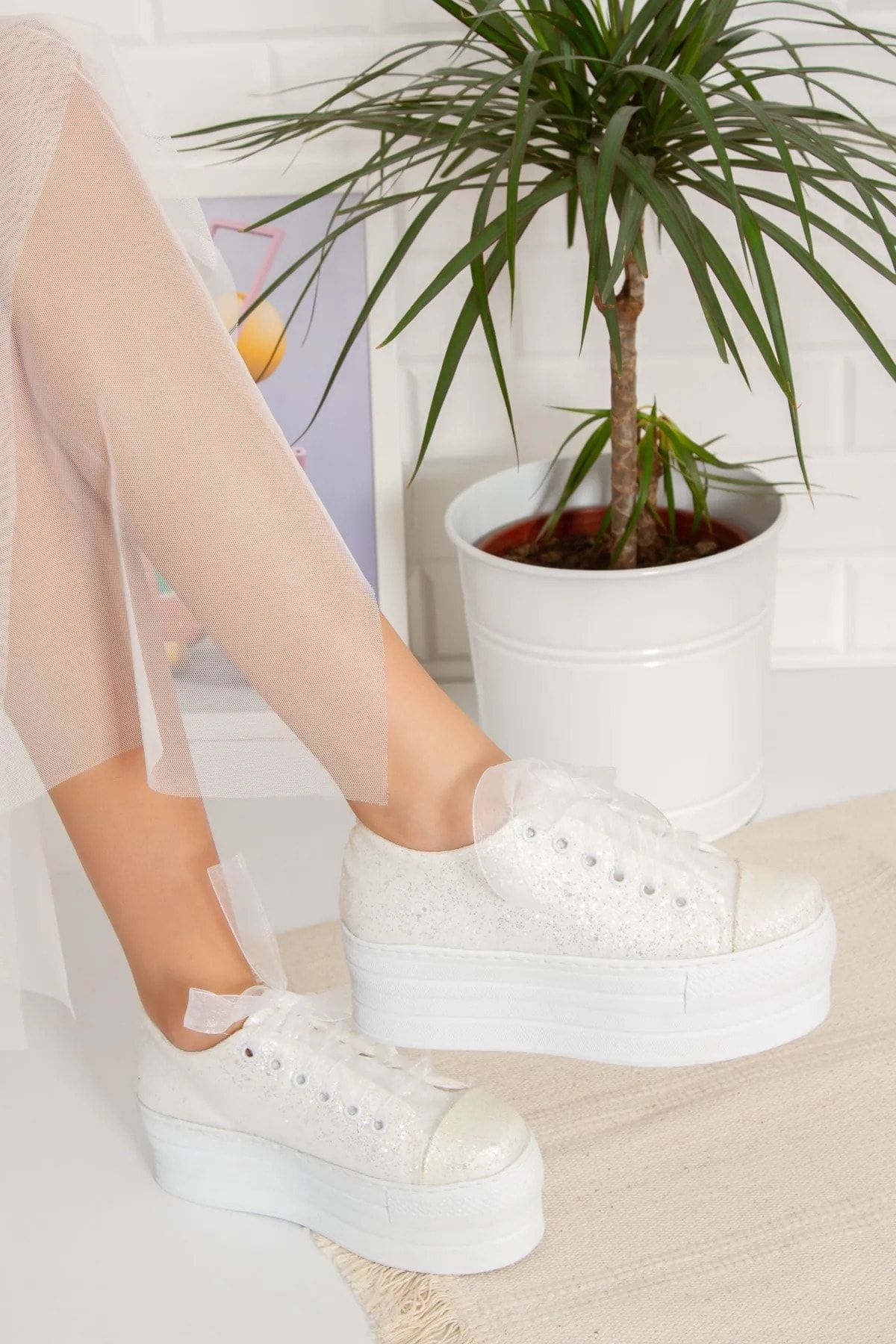 mermaid shoes - Kadın Beyaz Dantelli Bağcıklı Yüksek Tabanlı Gelinlik Ayakkabısı