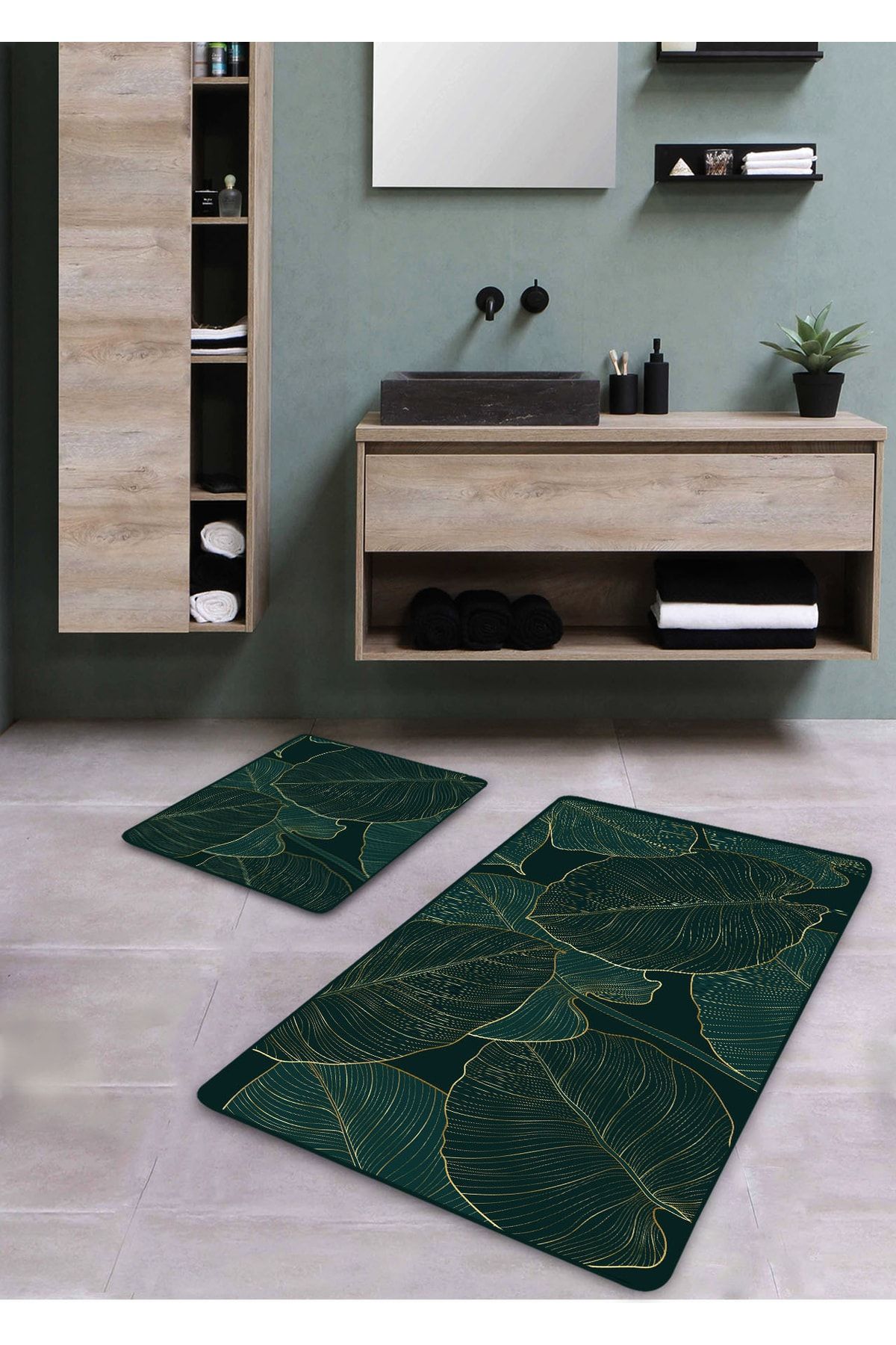 Pilloveland Kaymaz Taban Yıkanabilir 2’li Banyo Paspası - Koyu Yeşil Yaprak Desenli 60*100 Cm - 50*60 Cm