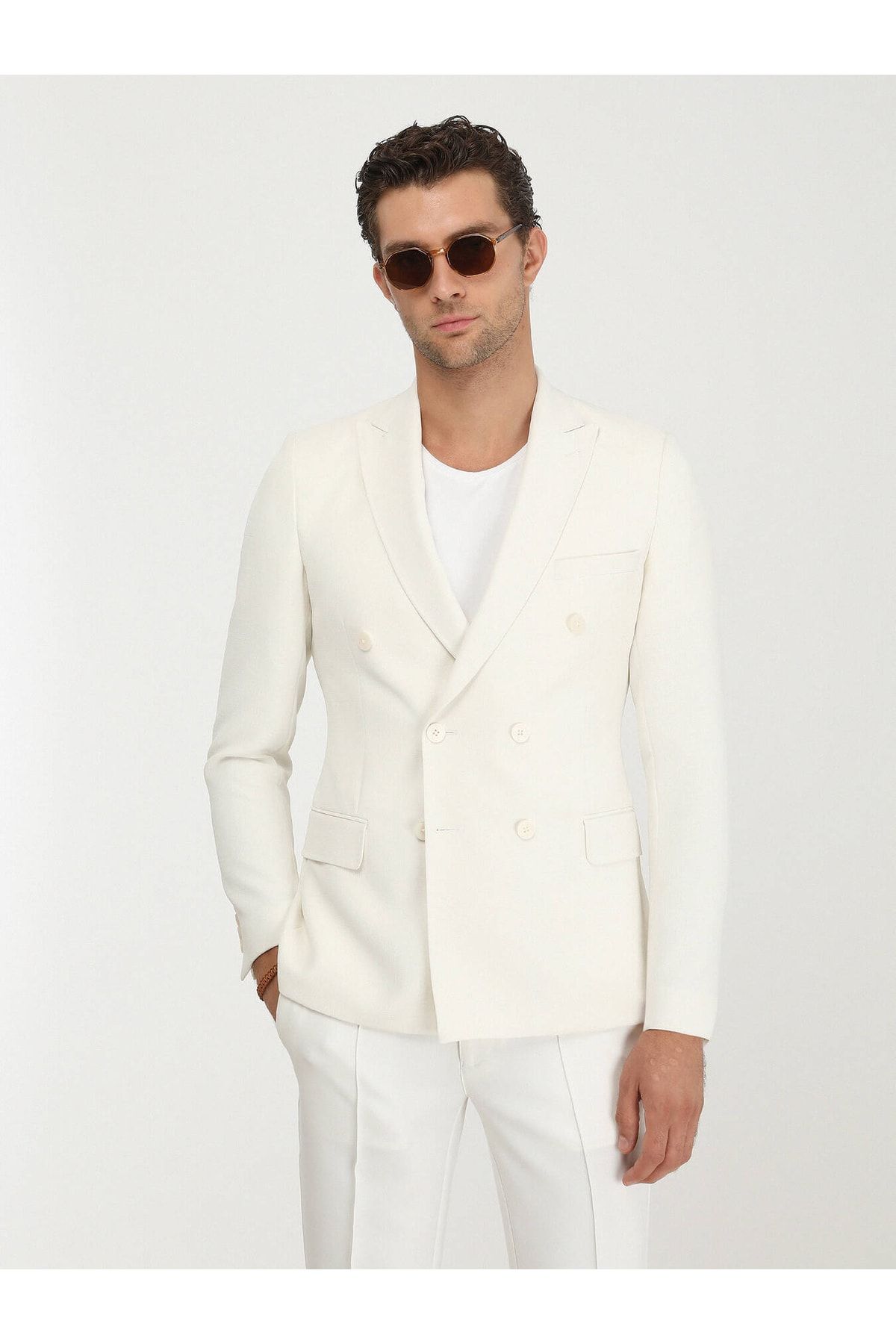 Kip Beyaz Düz Slim Fit Ceket