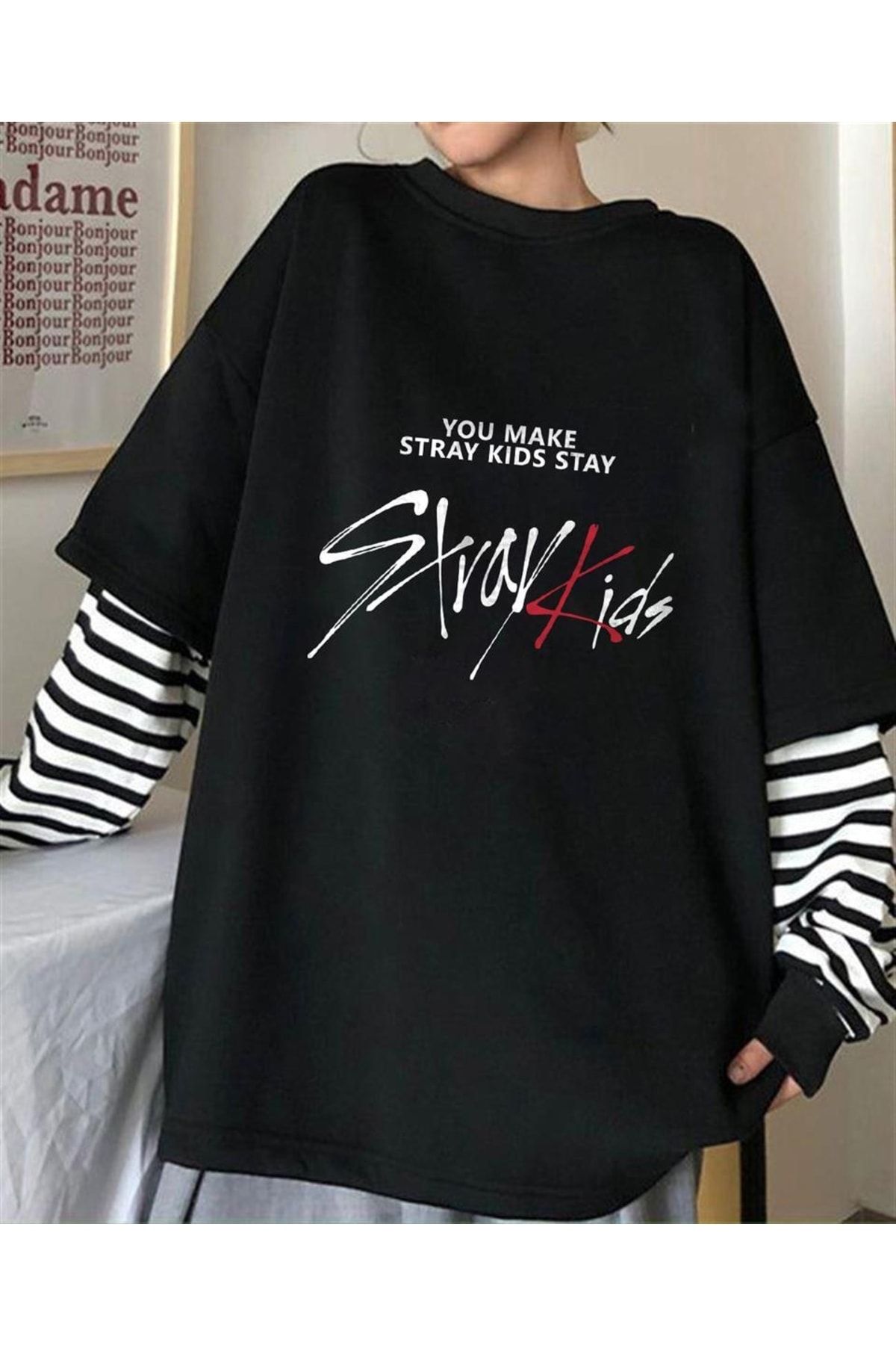 Touz Stray Kids Baskılı Fake Sleeves Unisex Siyah T-shirt