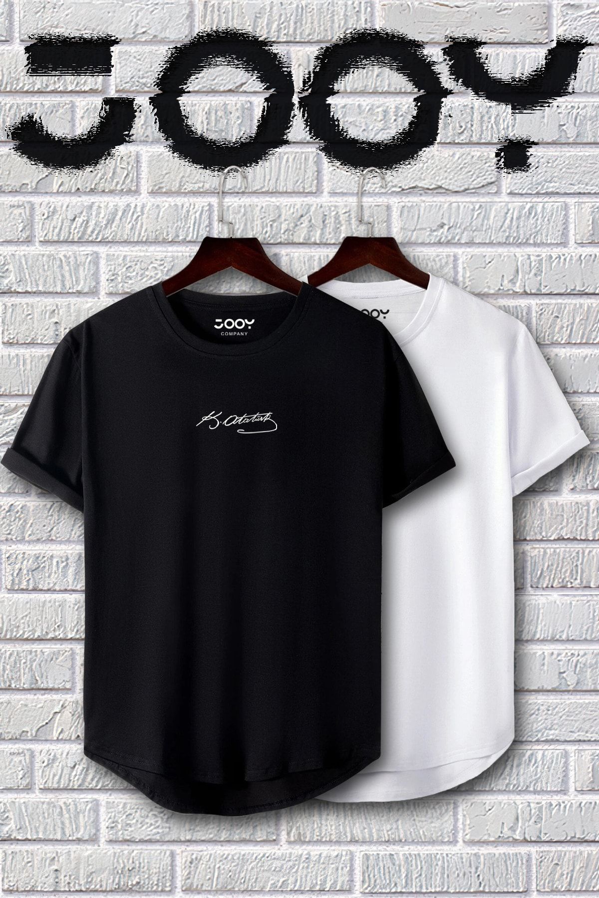 Jooy Company Atatürk Imza Baskılı Siyah Beyaz Oval Kesim Tshirt 2'li Set