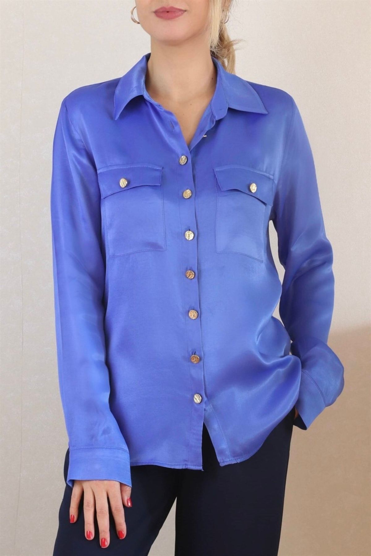 Ritnice Kadın Mavi Premium Saten Gömlek