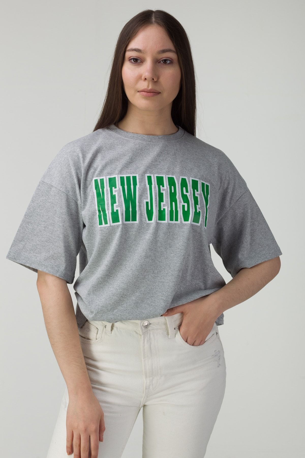 MODAGEN Oversize Gri New Jersey Baskılı Kadın T-shirt