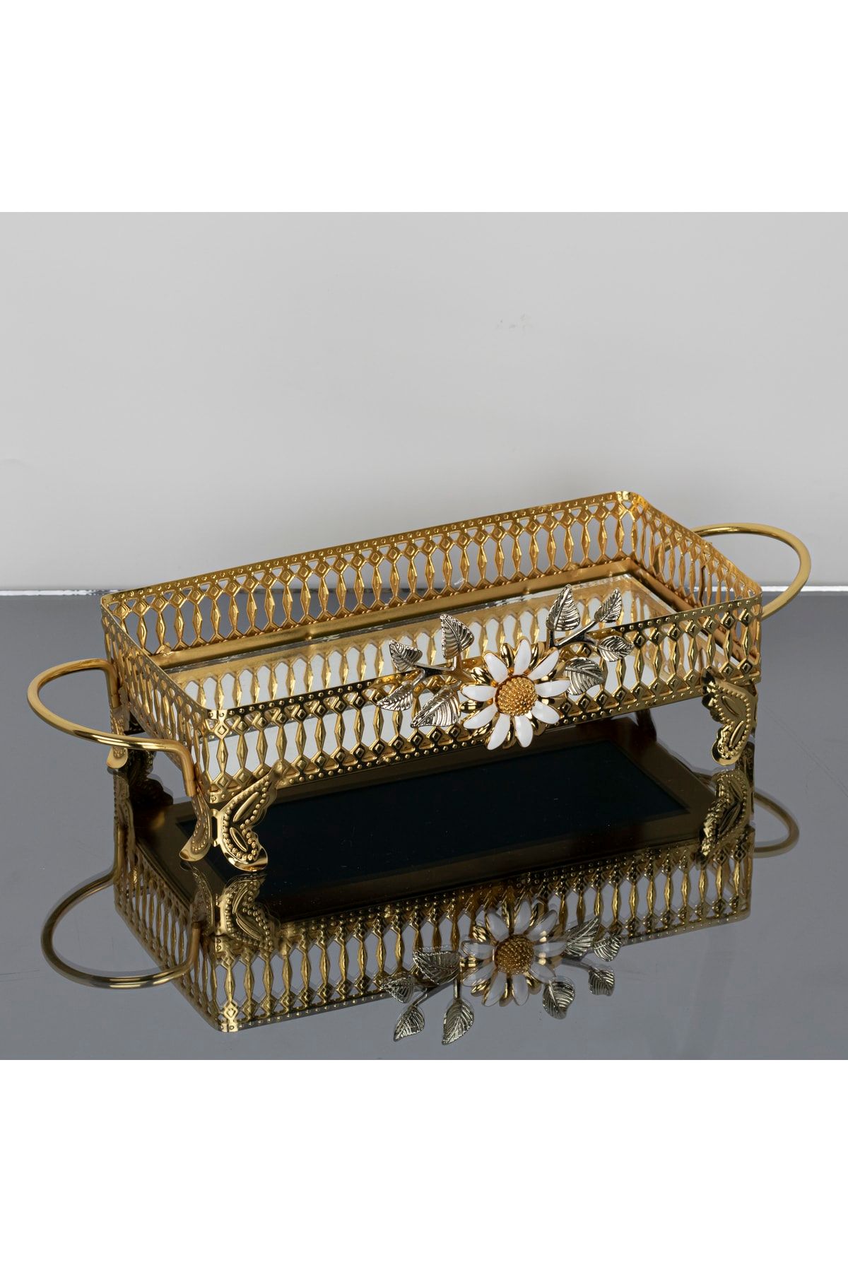 İnova Home Decor Firuze Çiçek Detaylı Gold - Gümüş Aynalı Sunum - Tepsisi - Çay Tepsisi 26 X 13 Cm - Küçük Boy