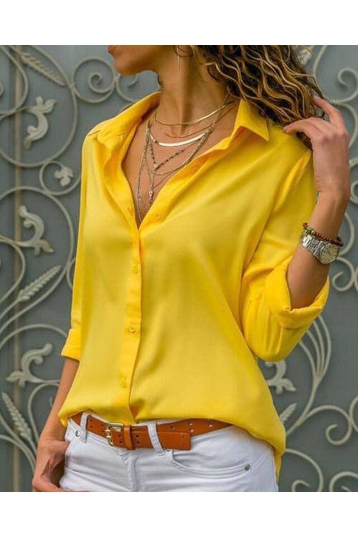 FancyWorld Düz Renk Dokuma Viskon Kumaş Efsane Basic Gömlek Sarı