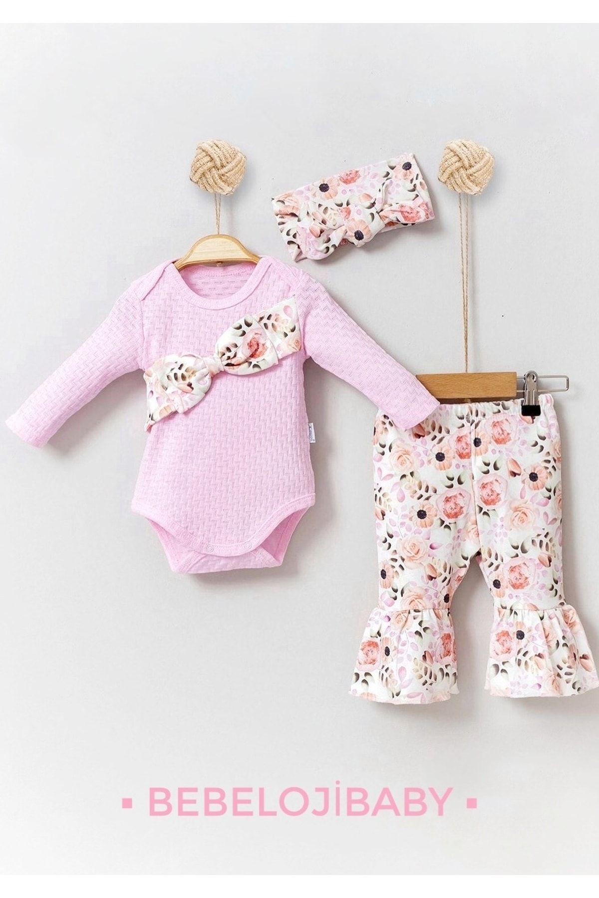 Bebeloji Baby Jakarlı Bahar Çiçekleri Kız Bebek 3'lü Takım Yenidoğan Kıyafeti