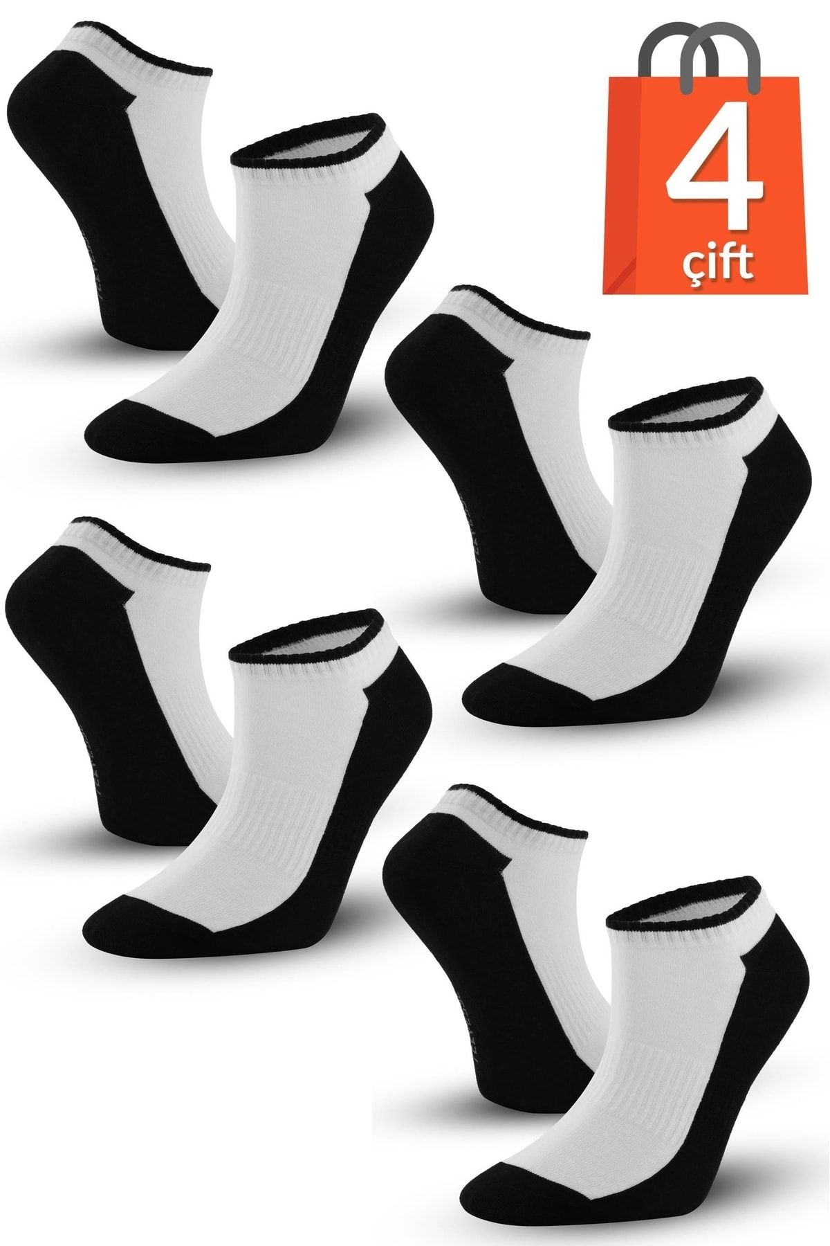 Telvesse 4 Çift Marcher Dikişsiz Patik Çorap Spor Kısa Çift Renkli Kısa Konç Spor Çorabı Siyah-beyaz