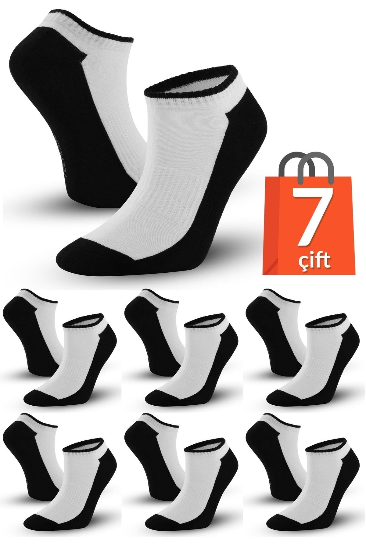 Telvesse 7 Çift Marcher Dikişsiz Patik Çorap Spor Kısa Çift Renkli Kısa Konç Spor Çorabı Siyah-beyaz