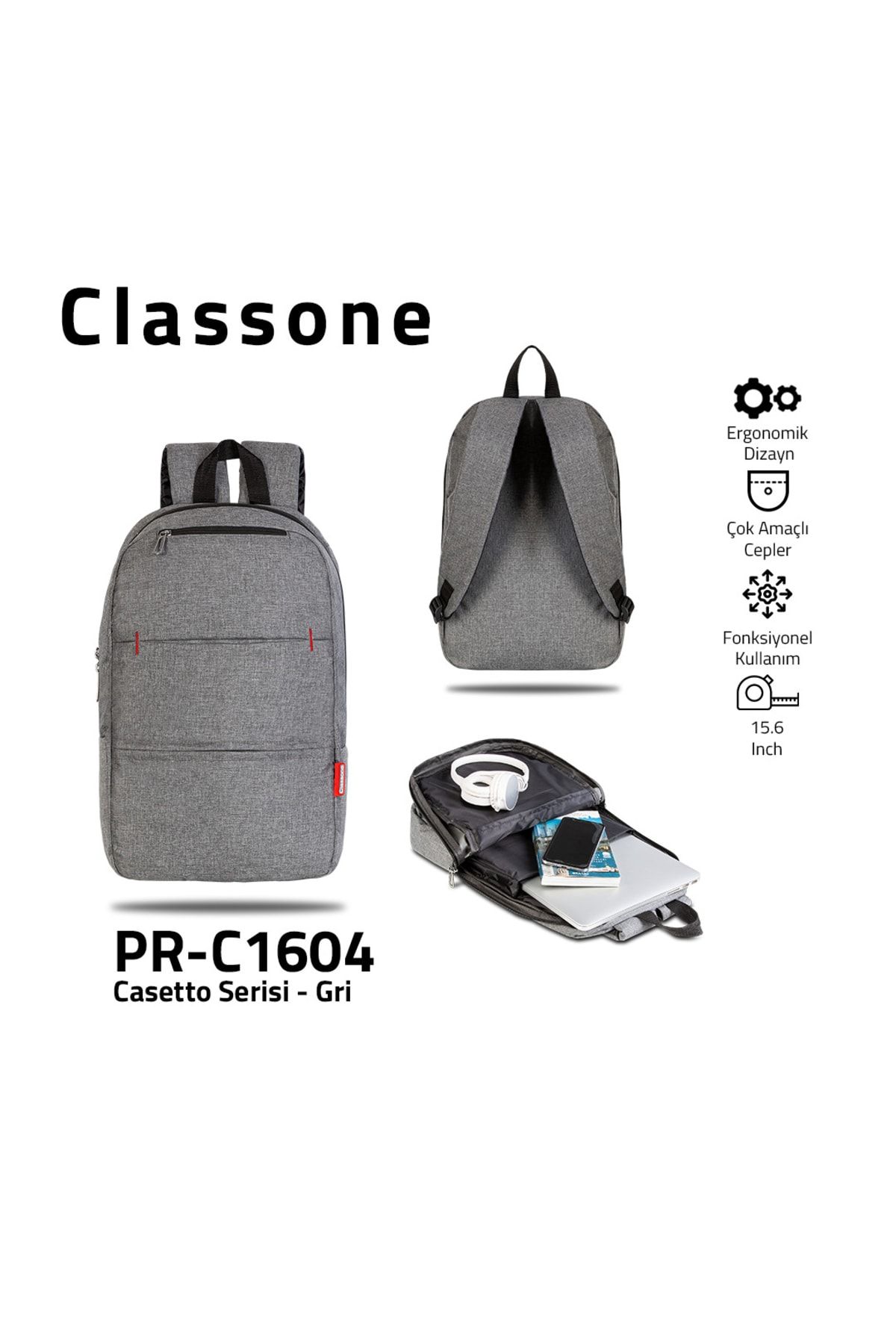 Classone PR-C160 4Casetto Serisi  WTXPro,Su Geçirmez Kumaş  15.6"  Notebook, Laptop Sırt Çantası - Gri