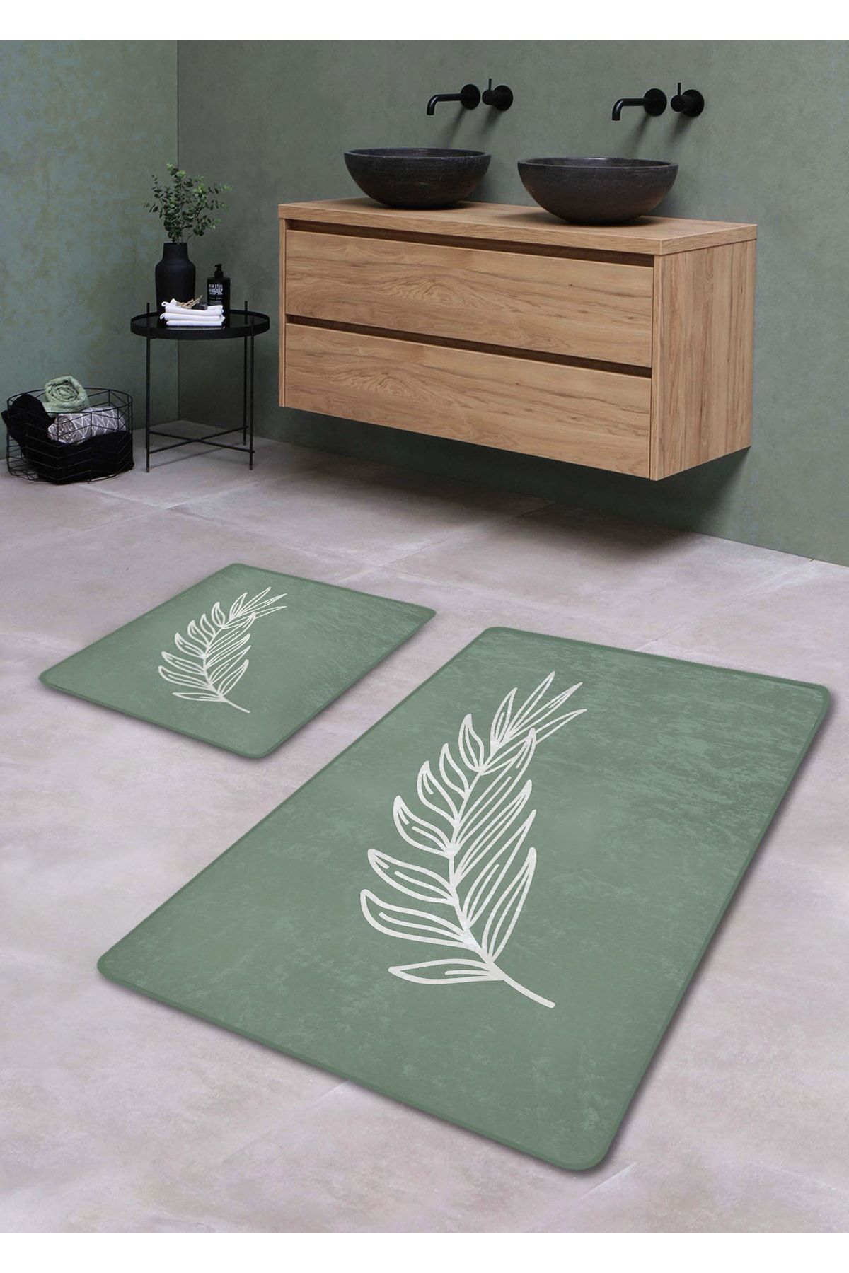 Pilloveland Kaymaz Taban Yıkanabilir 2’li Banyo Paspası - Mint Pastel Yaprak Desenli 60*100 cm - 50*60 cm