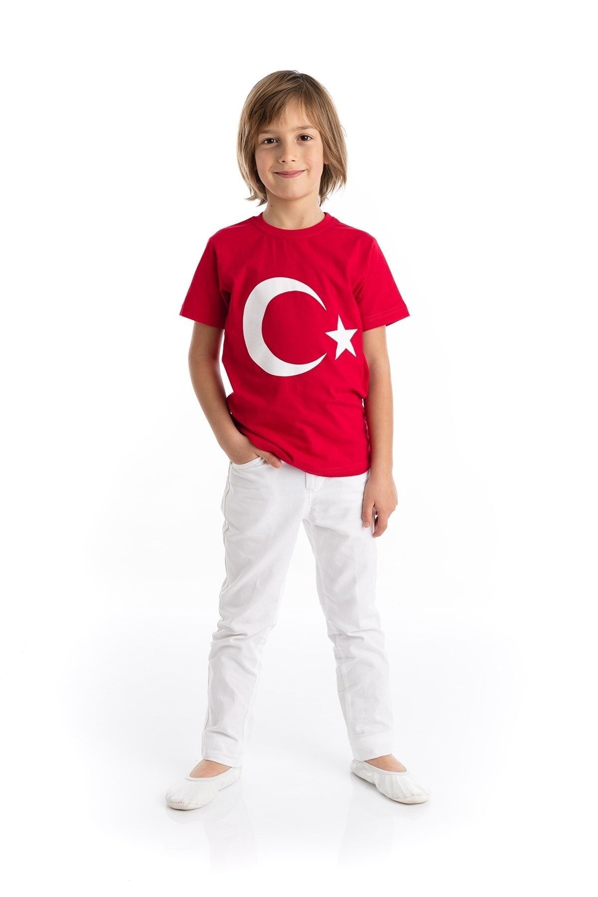 Tameris Kostüm Erkek Çocuk Kırmızı Türk Bayraklı Tişört Beyaz Pantolon Takım - 23 Nisan Kıyafetleri