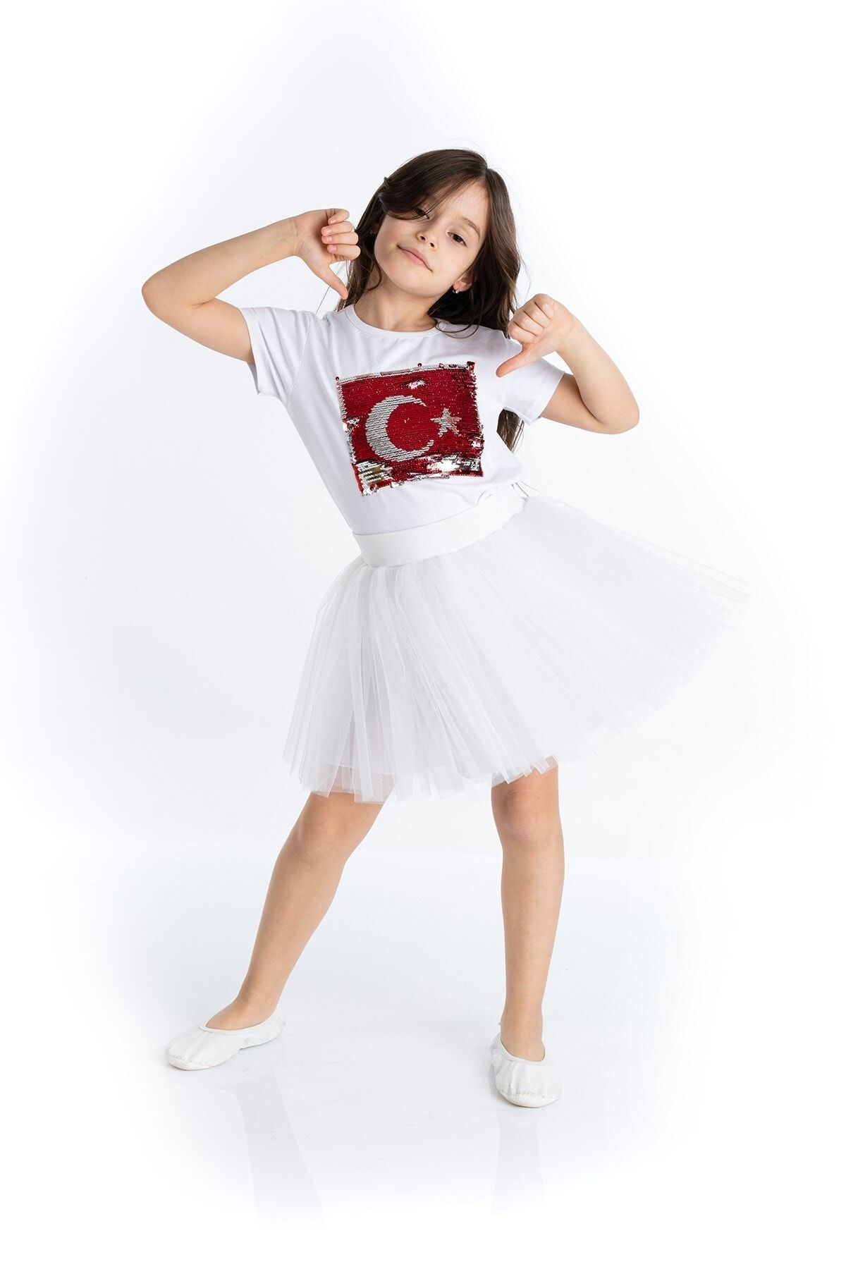 Tameris Kostüm Kız Çocuk Türk Bayraklı Beyaz Tişört Tüllü Etek - 23 Nisan Kıyafetleri