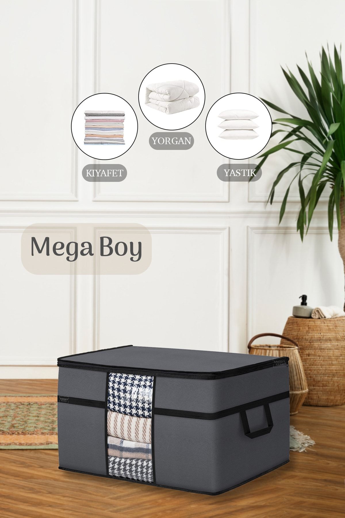 Meleni Home Mega Boy Yorgan Hurcu - Pencereli Yastık Yorgan Saklama Hurcu 70 X 40 X 40 Cm Antrasit