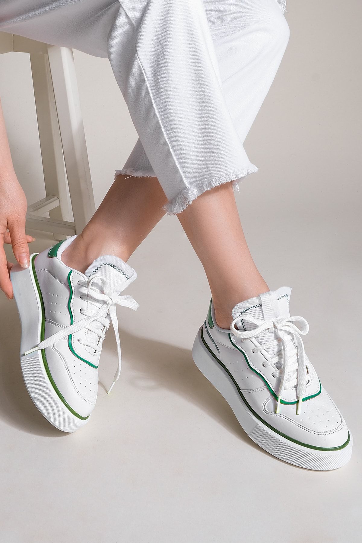 Marjin Kadın Sneaker Yüksek Taban Bağcıklı Spor Ayakkabı Lekya yeşil