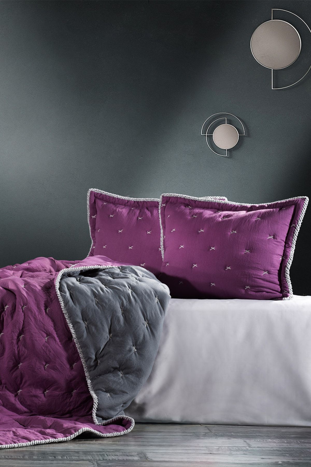 ZEBRA CASA Tender Mürdüm/antrasit Tek Kişilik Comforter Çift Taraflı Kullanılabilir Yatak Örtüsü Set