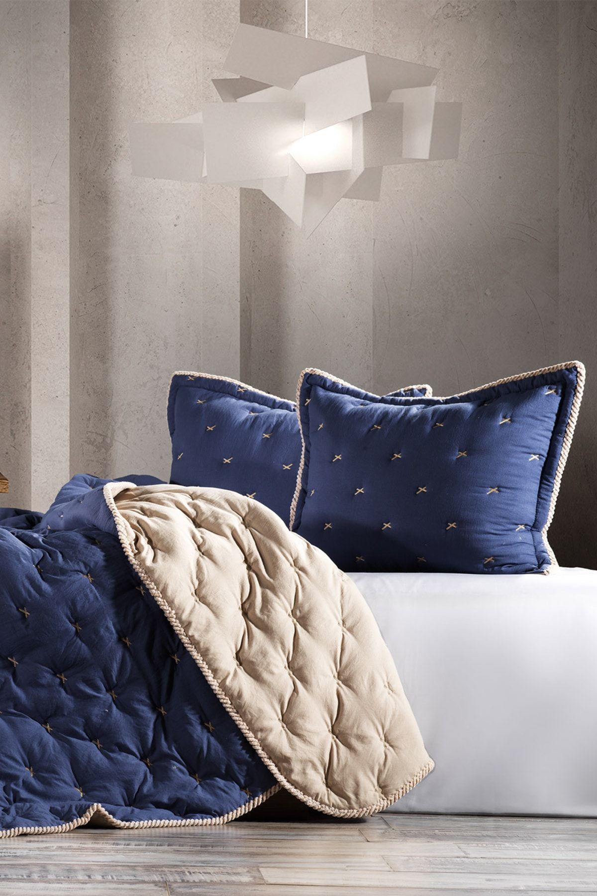 ZEBRA CASA Tender Indigo/bej Tek Kişilik Comforter Çift Taraflı Kullanılabilir Yatak Örtüsü Seti
