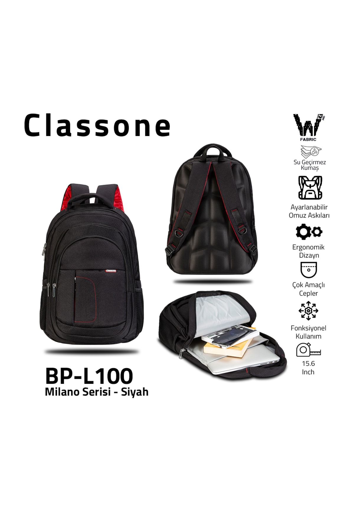 Classone BP-L100 Milano Serisi " WTXpro Su Geçirmez Kumaş 15,6" Notebook, Laptop Sırt Çantası - Siyah